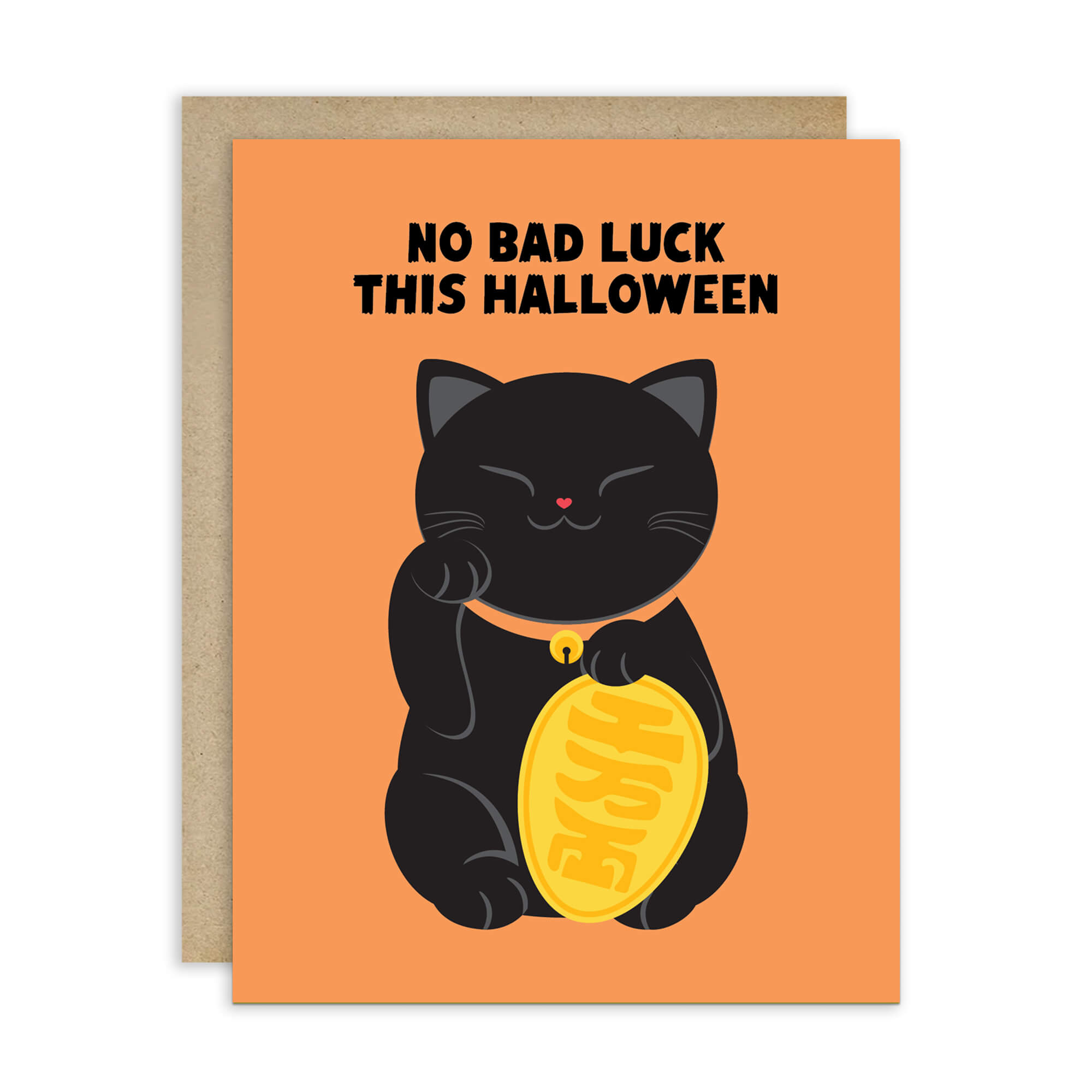 cute halloween Greeting card with a black cat holding a gold coin and 'No Bad Luck This Halloween' text on an orange background.