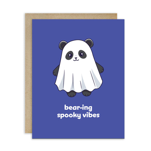 kawaii halloween Greeting card with a panda bear ghost illustration and text on a blue background