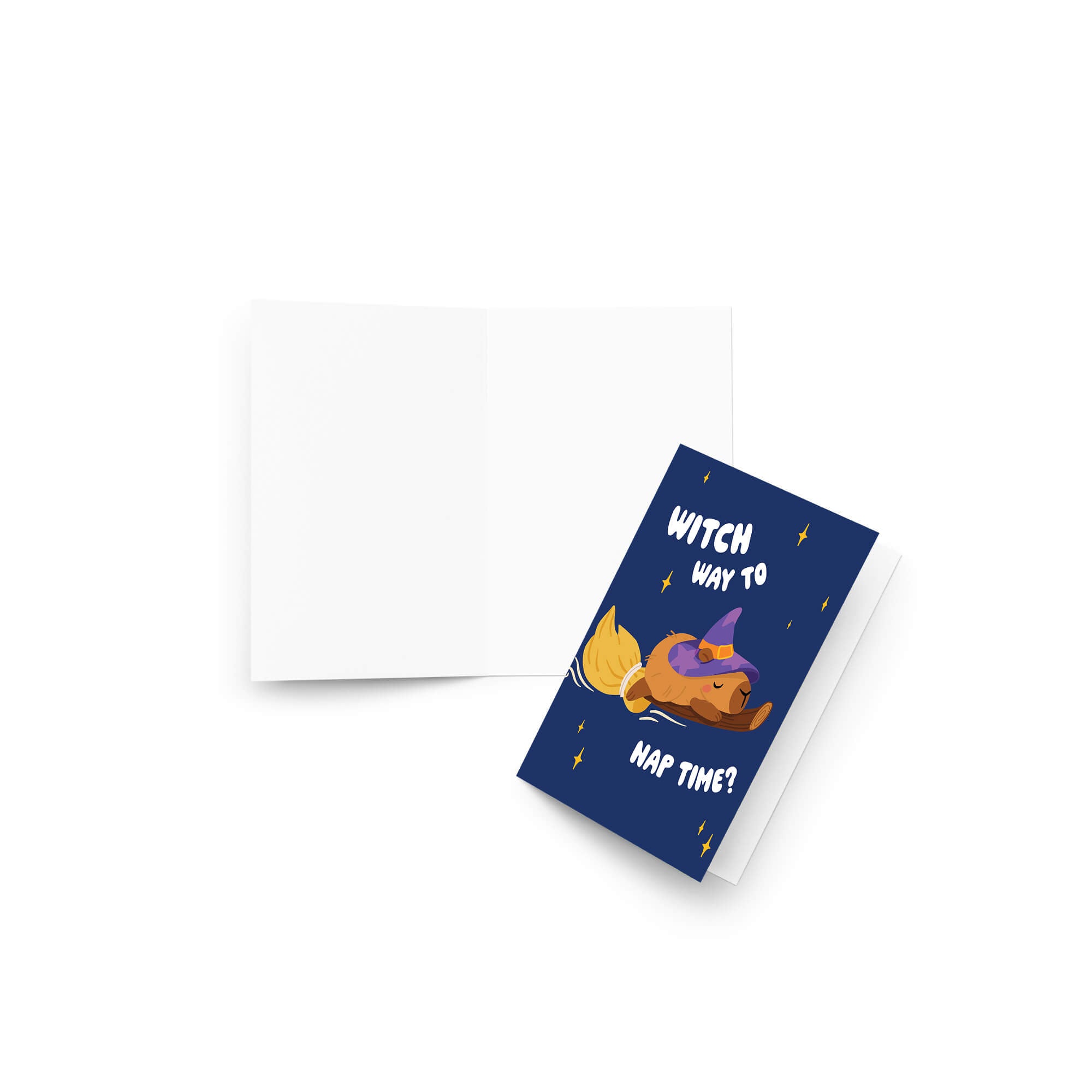 cute Halloween-themed greeting card with a capybara in a witch hat and broom, text 'Witch way to nap time?' on a blue background