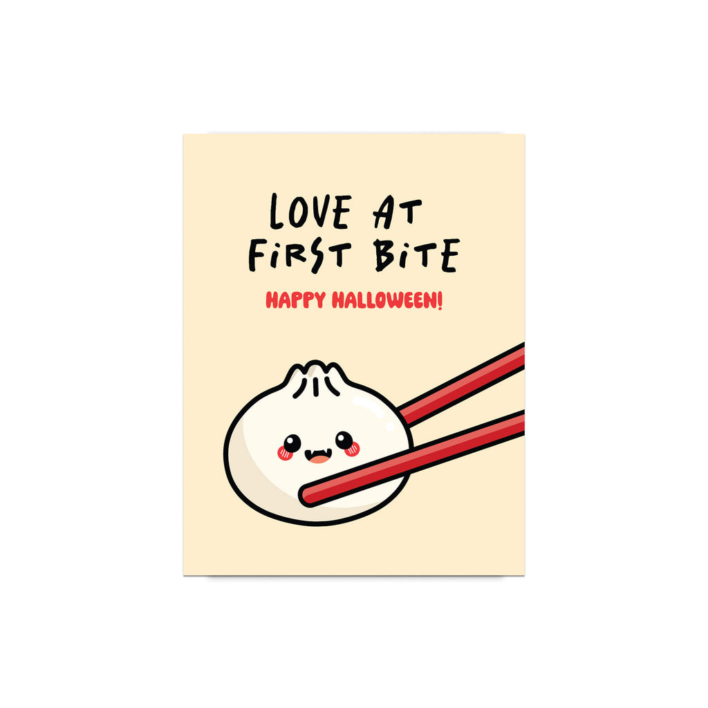 Halloween card with a cartoon dumpling and chopsticks on a beige background