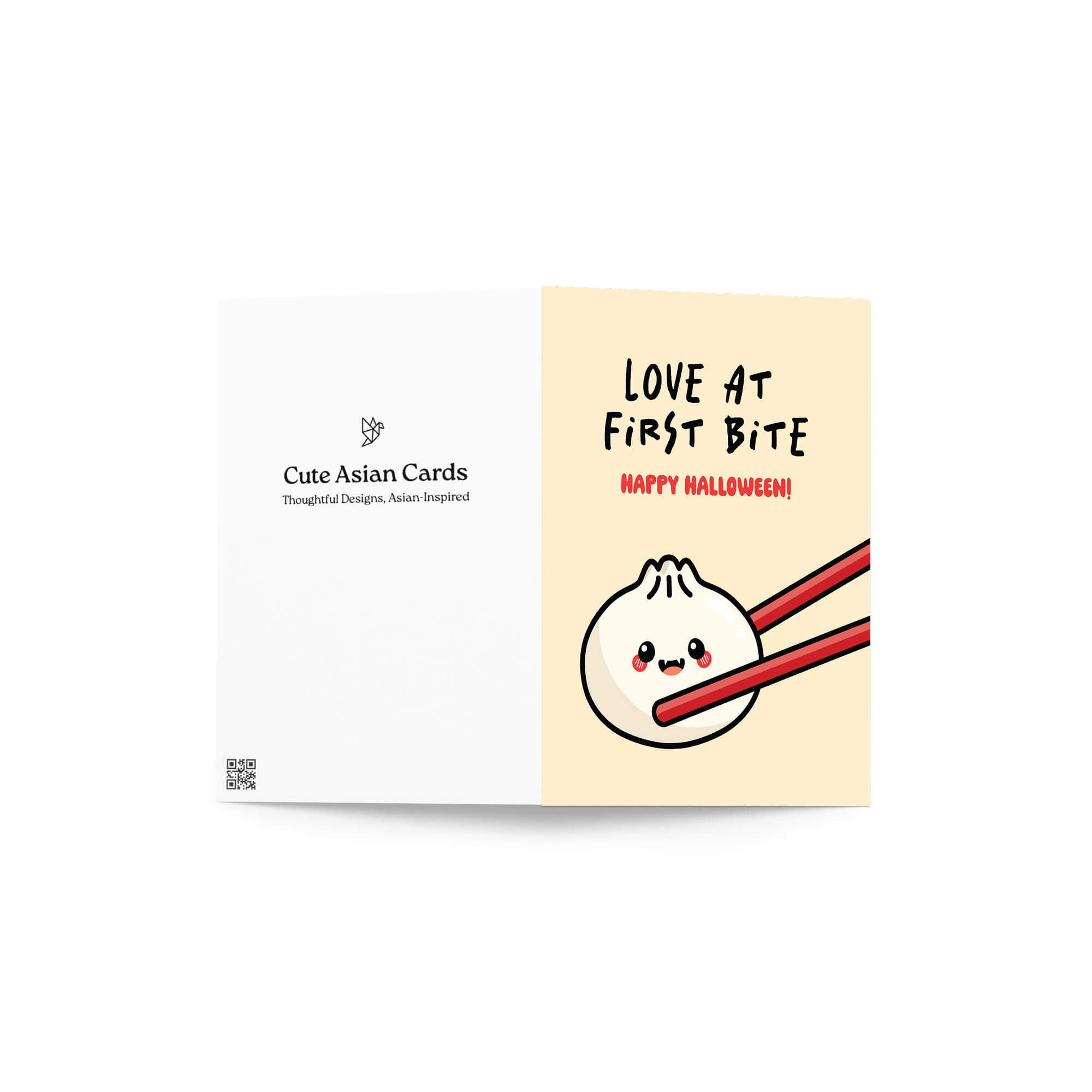 Card with a cartoon dumpling and chopsticks on a beige background, featuring text 'Love at First Bite' and 'Happy Halloween'.