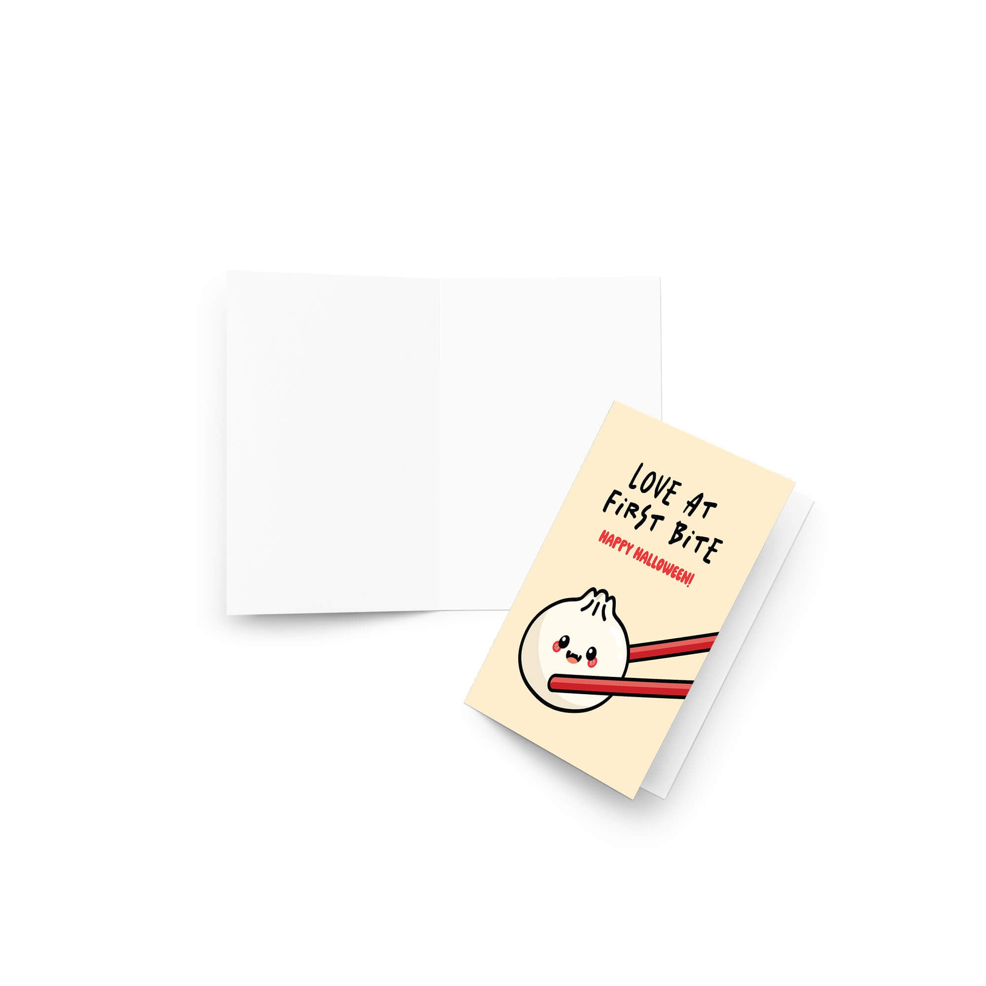 Greeting card with a cartoon dumpling with fangsholding chopsticks and text 'Love at First Bite Happy Halloween!' on a beige background.