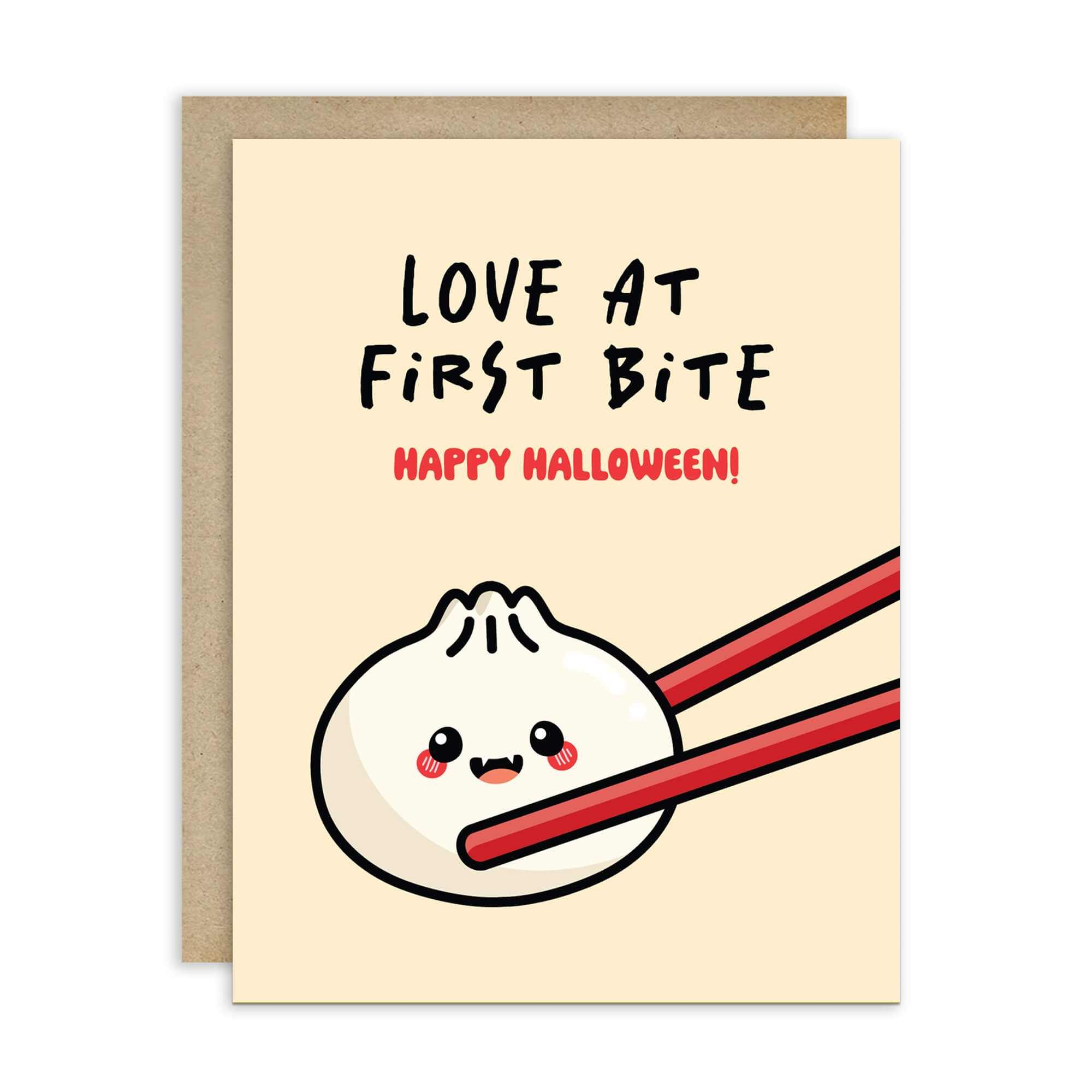 Greeting card with a cartoon dumpling with fangsholding chopsticks and text 'Love at First Bite Happy Halloween!' on a beige background.
