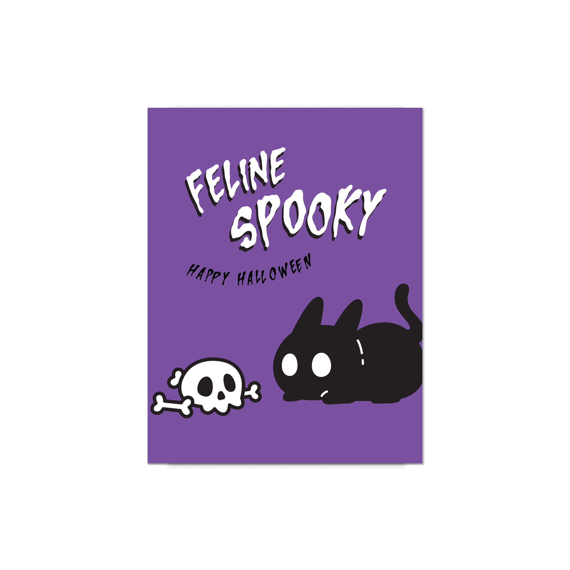 Halloween-themed card with a cat, skull, and 'Feline Spooky' text on a purple background