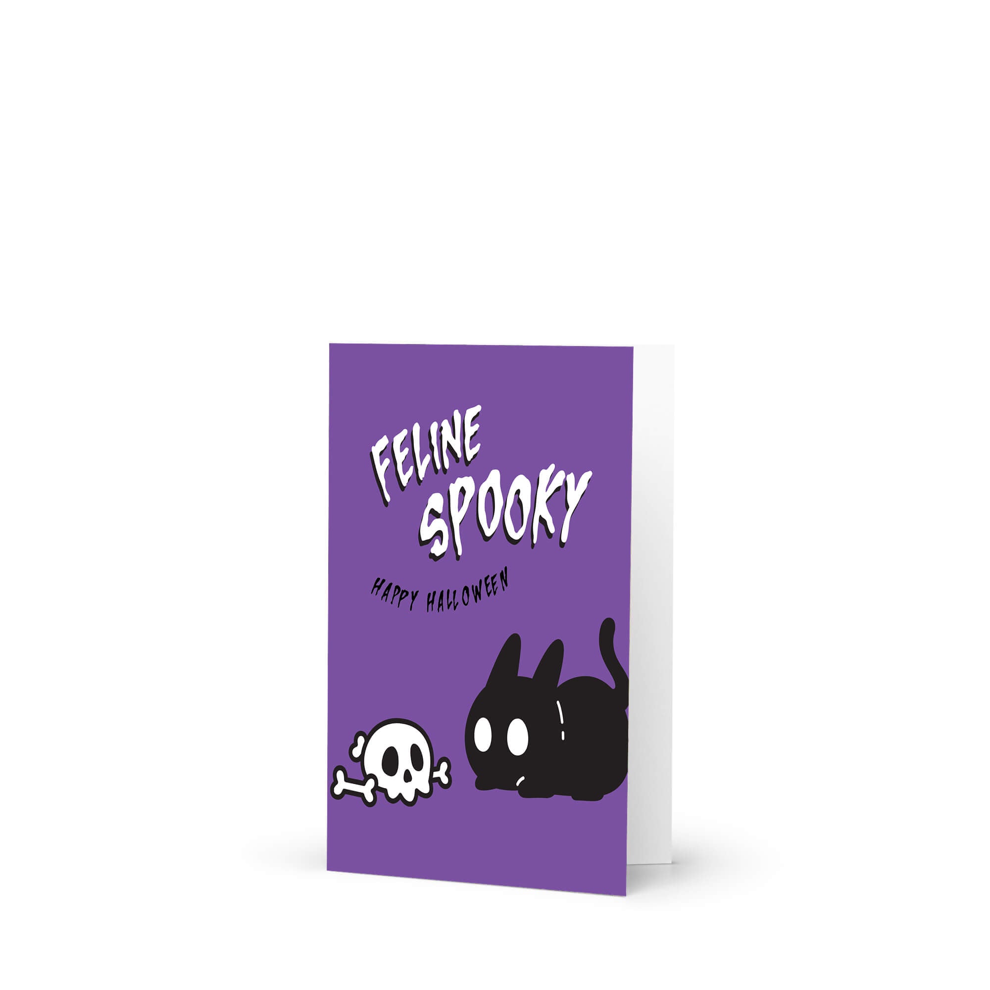 Halloween-themed greeting card with a black cat, skull, and text on a purple background