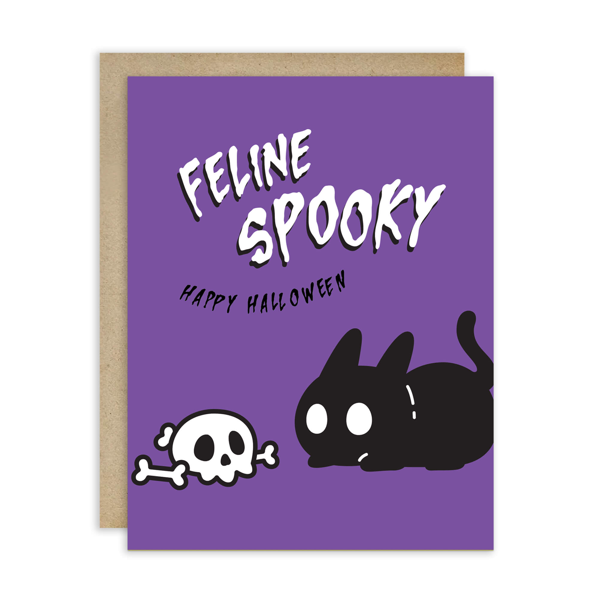 Halloween card with black cat, skull, and 'Feline Spooky' text on purple background