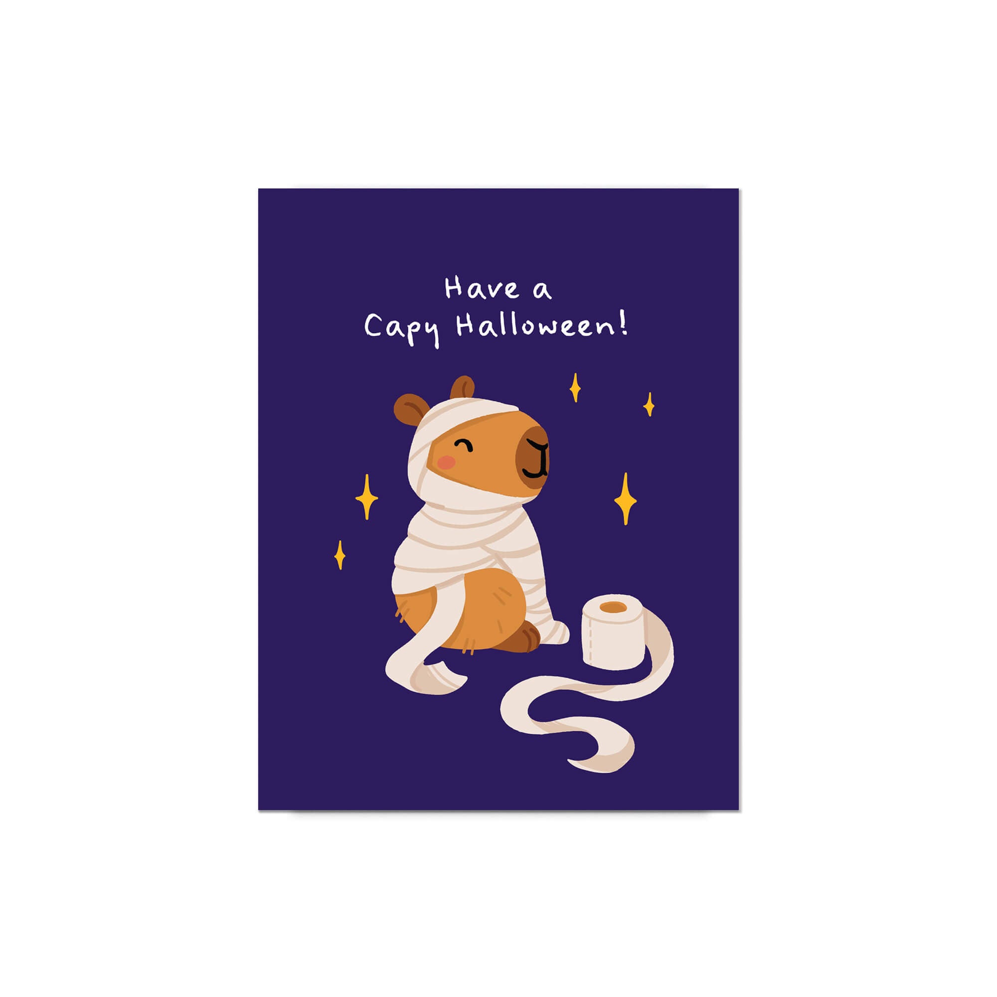 Halloween-themed card with a capybara wearing bandages and text 'Have a Capy Halloween!' on a dark blue background.