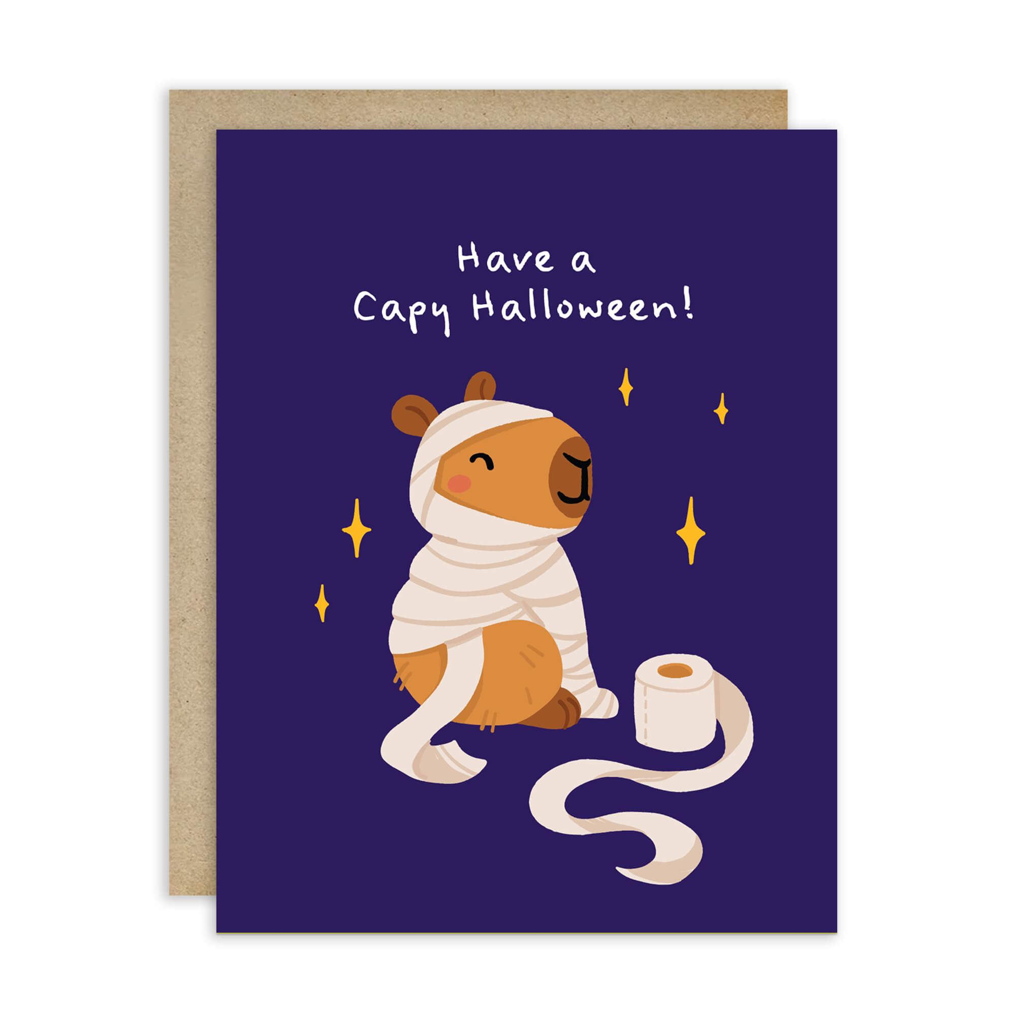 Halloween card with a cartoon capybara in a mummy costume on a dark blue background.