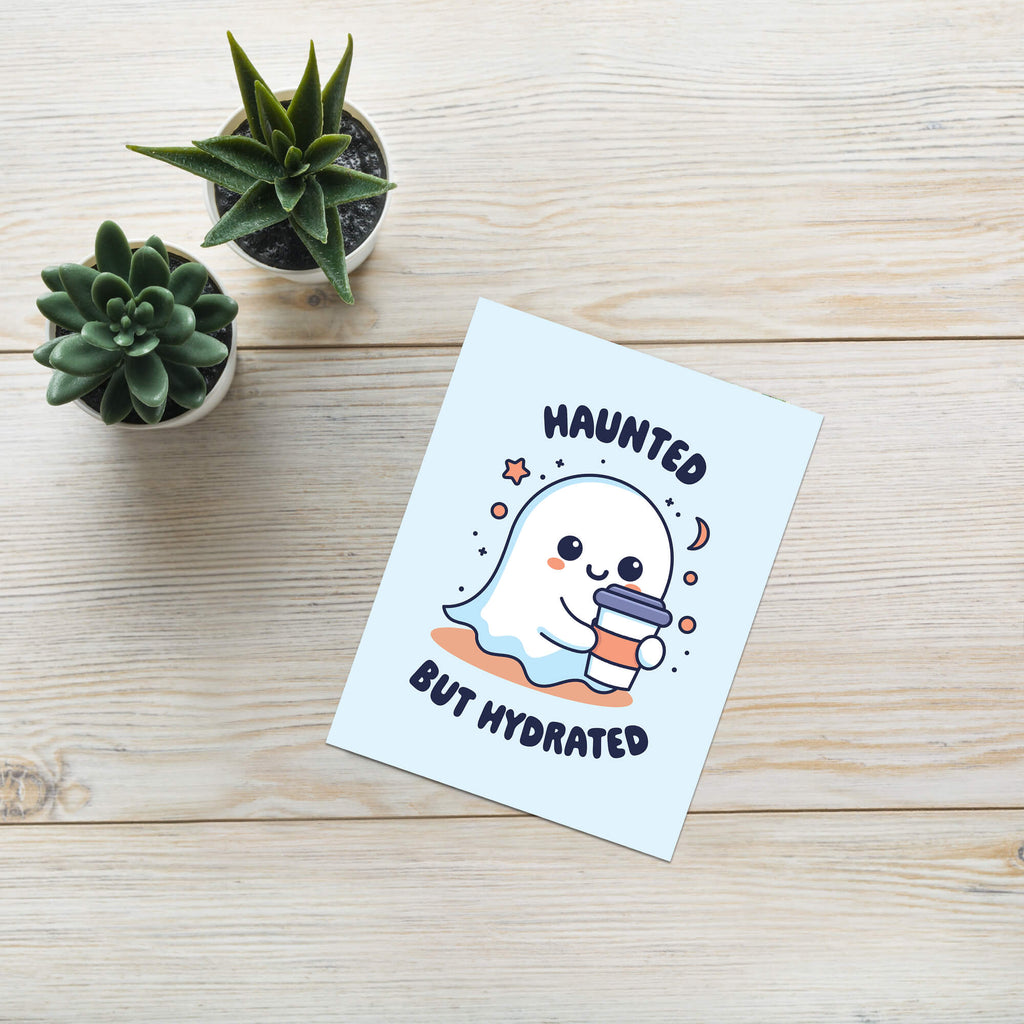 kawaii halloween Greeting card with a ghost holding a cup and 'Haunted But Hydrated' text on a light blue background.