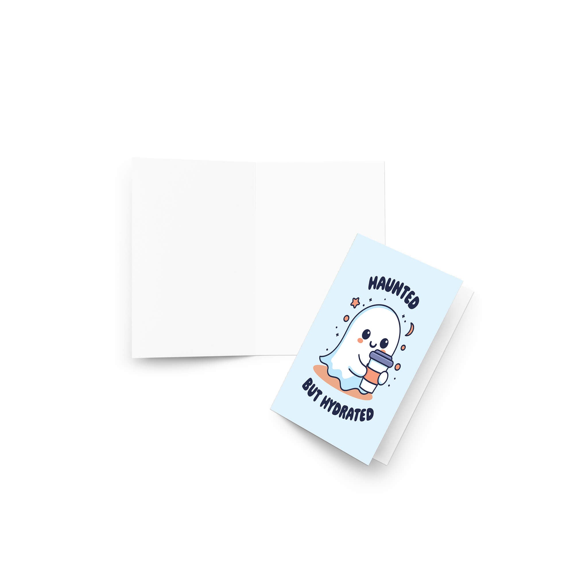 kawaii halloween Greeting card with a ghost holding a cup and 'Haunted But Hydrated' text on a light blue background.