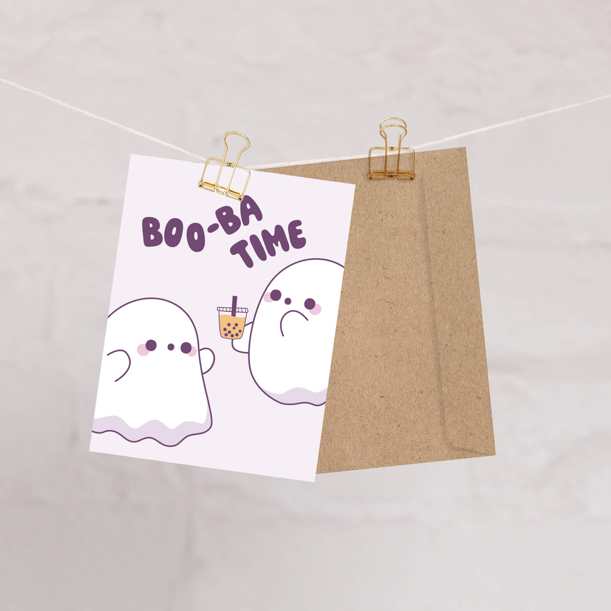 cute halloween Greeting card with two ghosts and 'BOO-BA TIME' text on a white background