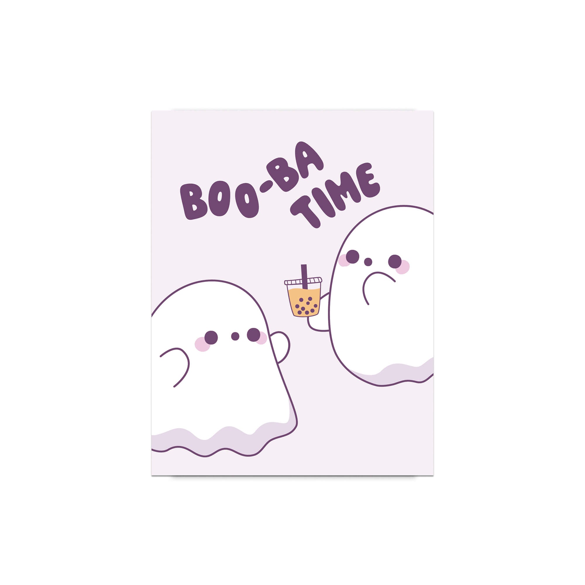cute halloween Greeting card with two ghosts and 'BOO-BA TIME' text on a white background