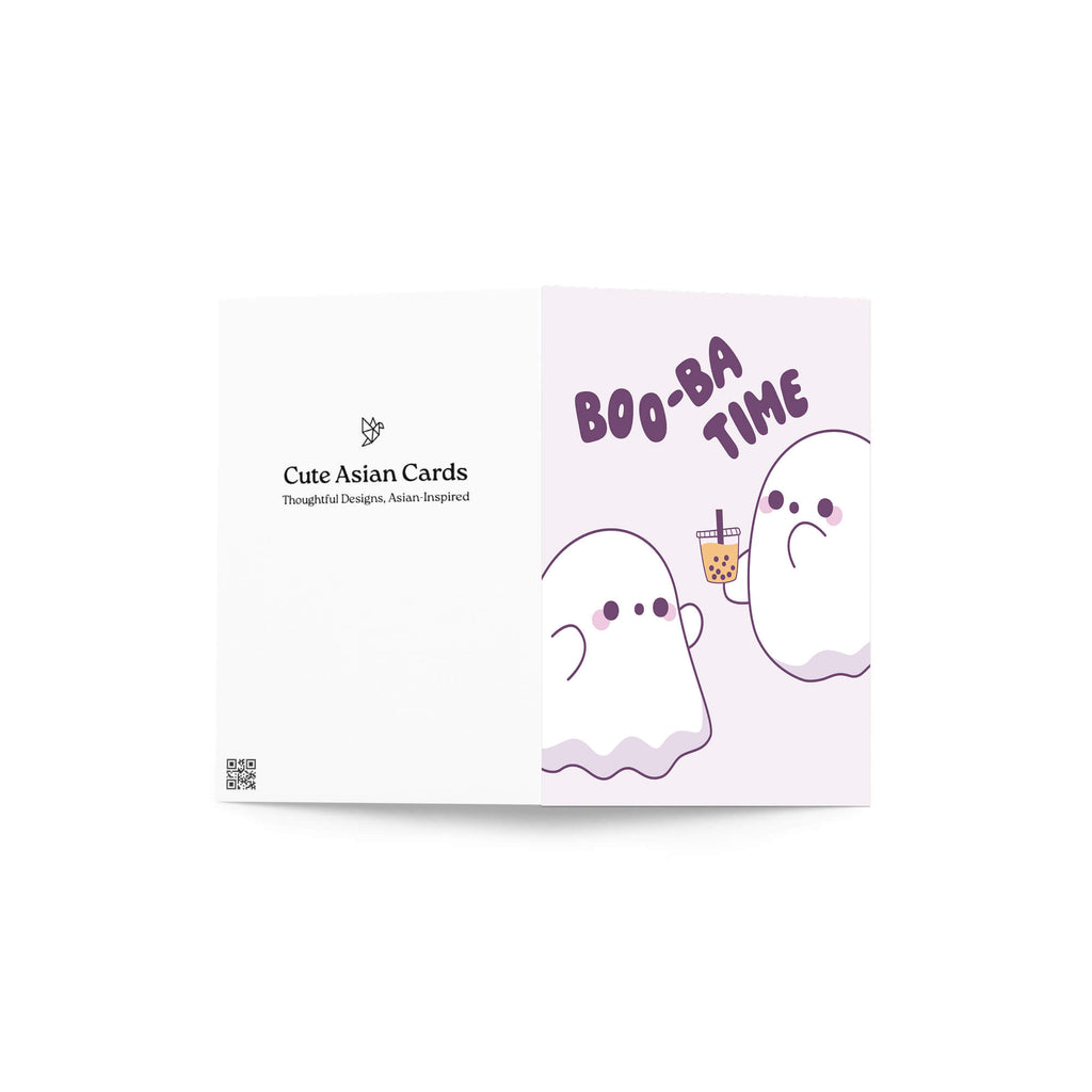 cute halloween Greeting card with two ghosts and 'BOO-BA TIME' text on a white background