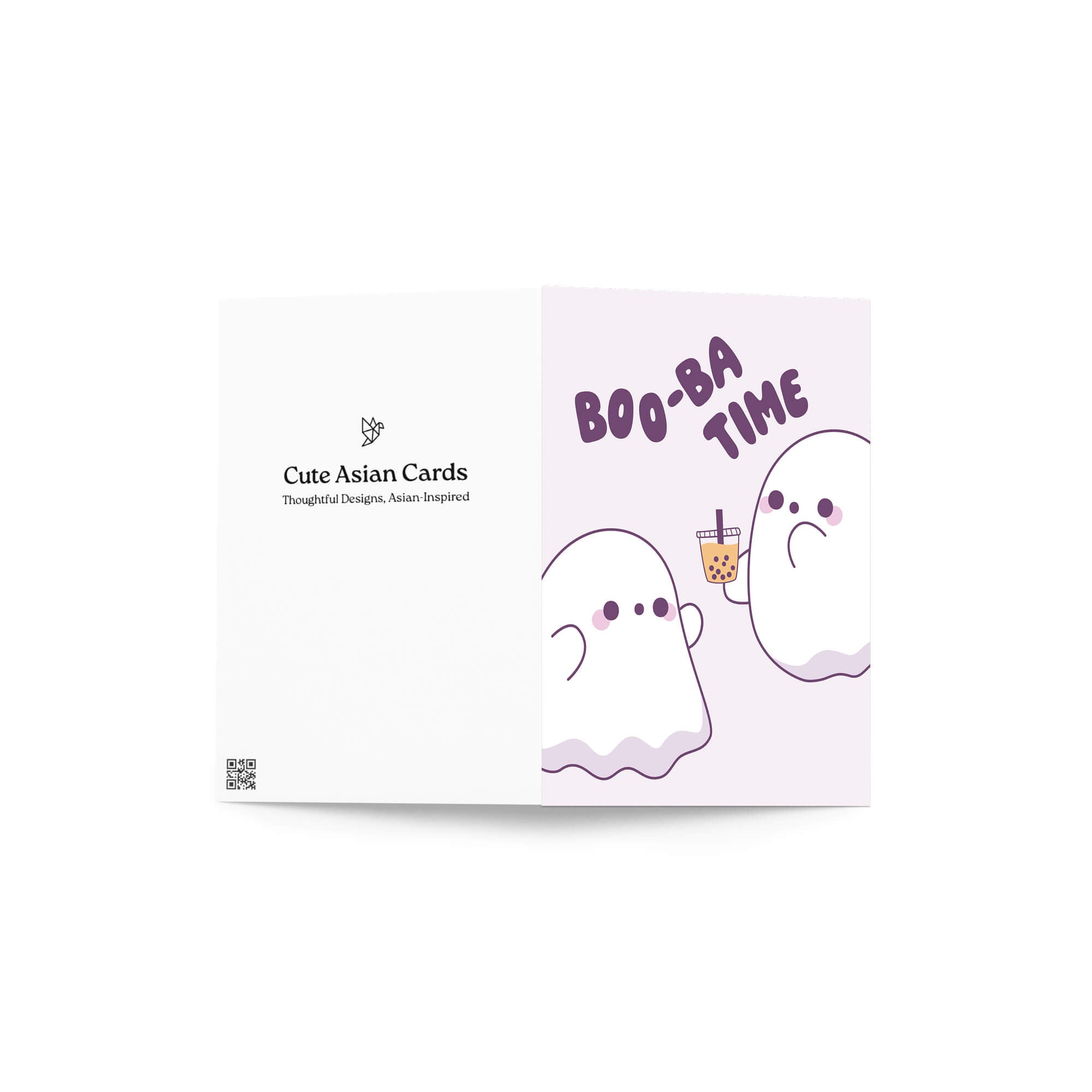 cute halloween Greeting card with two ghosts and 'BOO-BA TIME' text on a white background