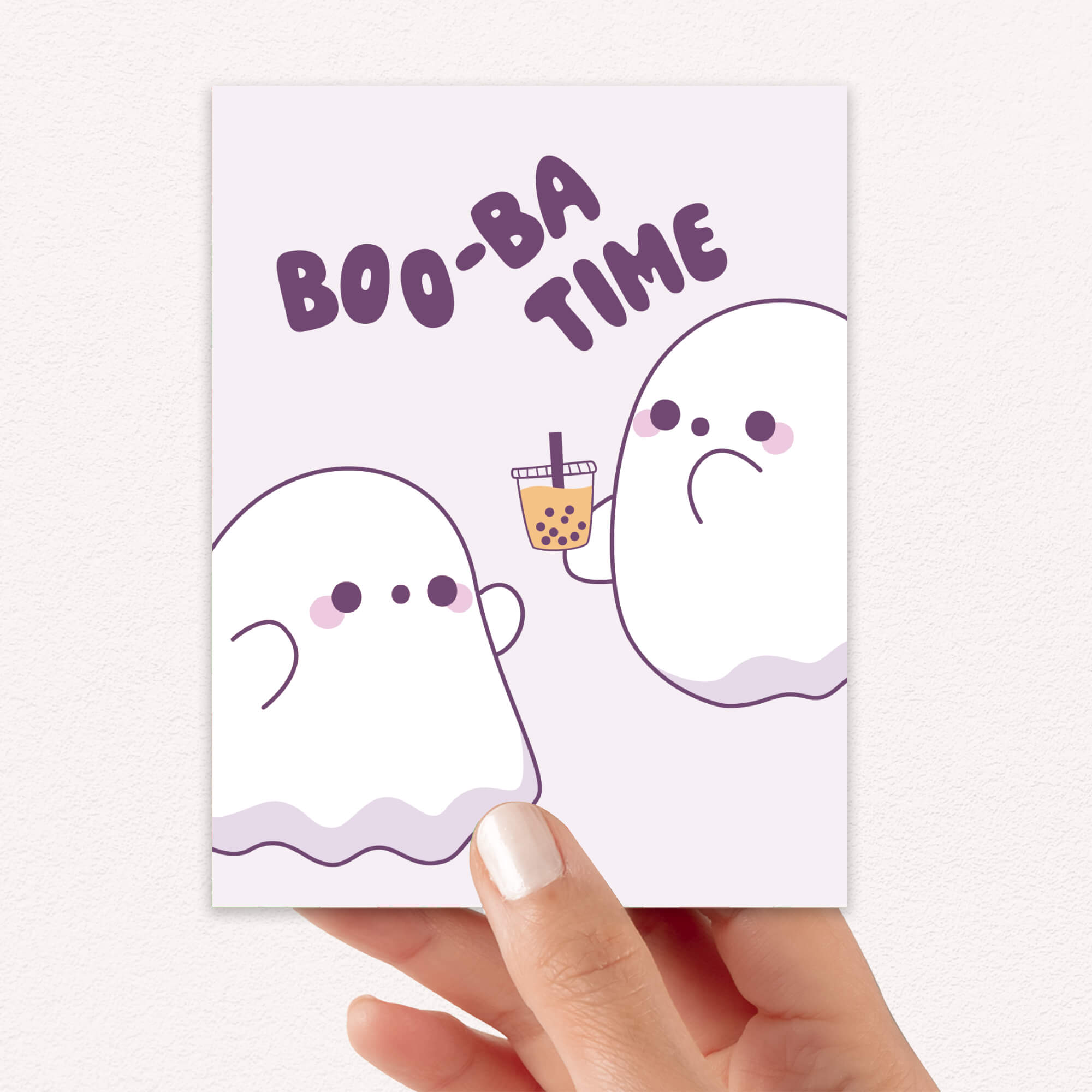 cute halloween Greeting card with two ghosts and 'BOO-BA TIME' text on a white background
