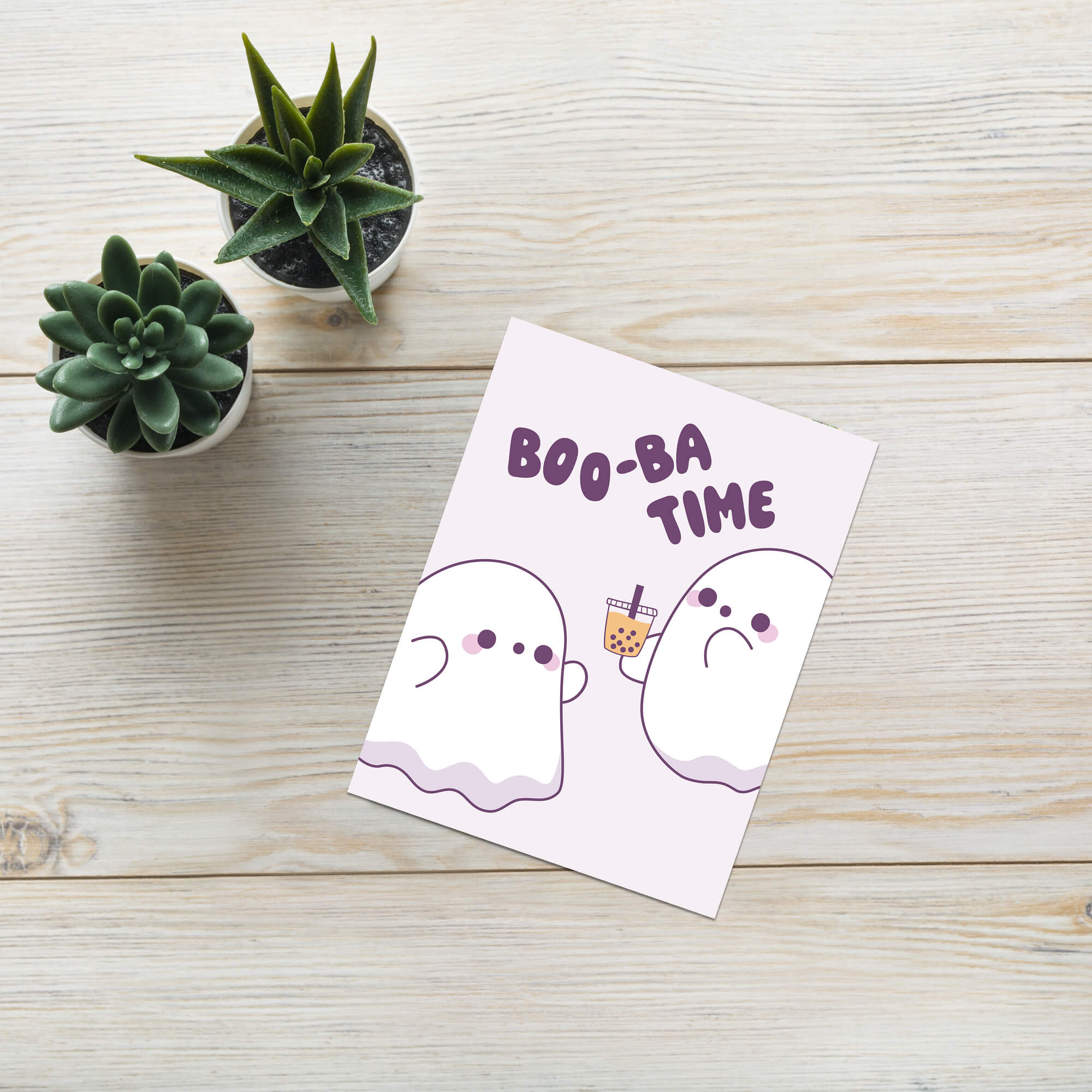 cute halloween Greeting card with two ghosts and 'BOO-BA TIME' text on a white background