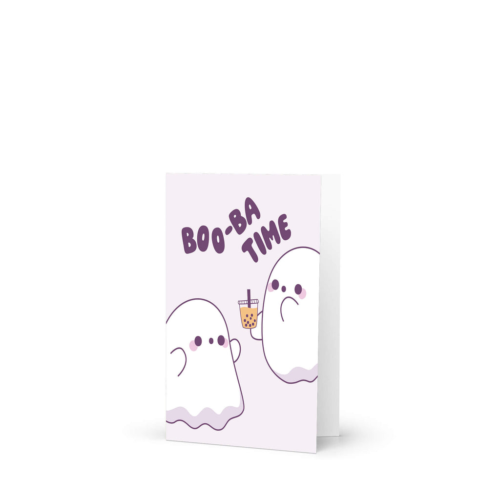 cute halloween Greeting card with two ghosts and 'BOO-BA TIME' text on a white background