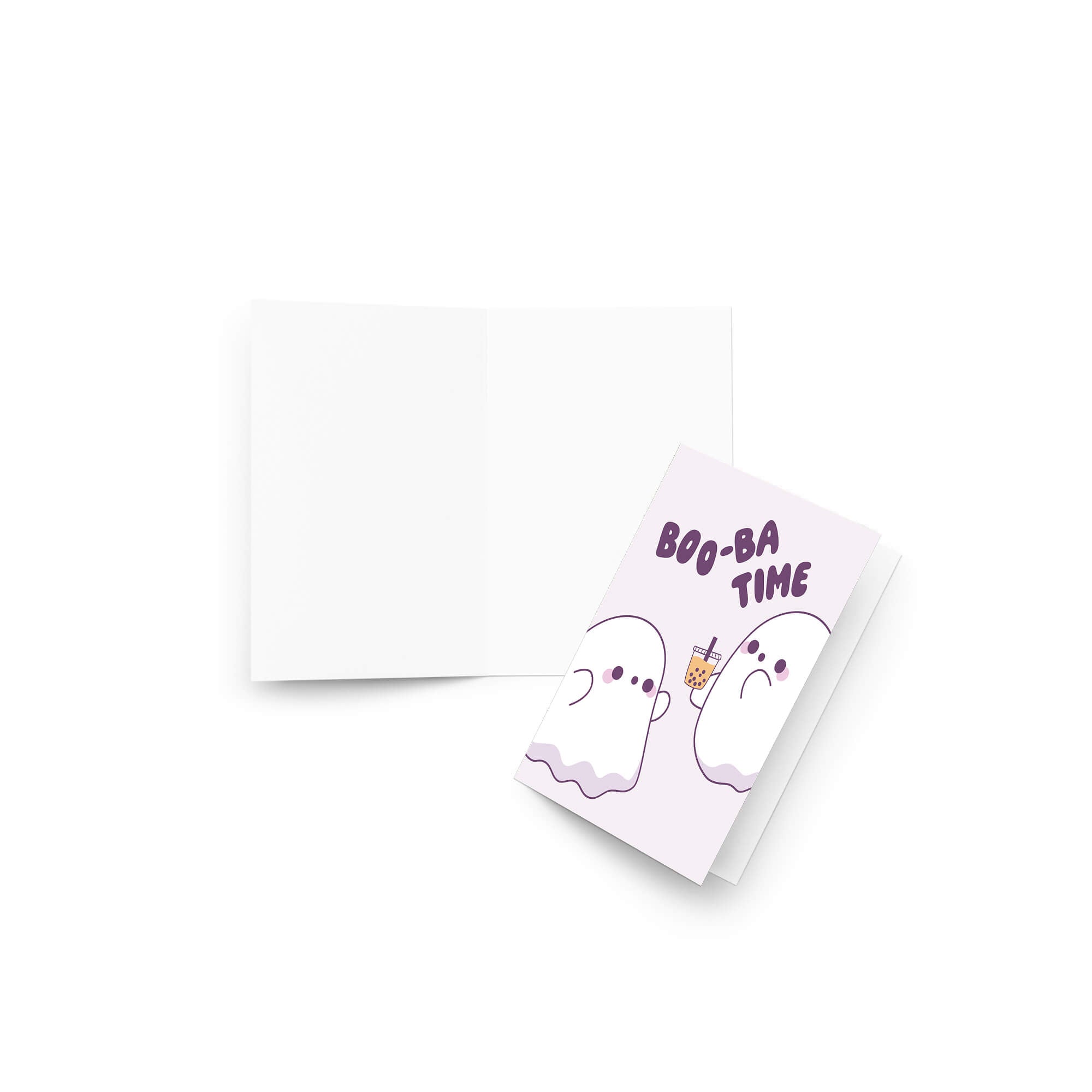 cute halloween Greeting card with two ghosts and 'BOO-BA TIME' text on a white background