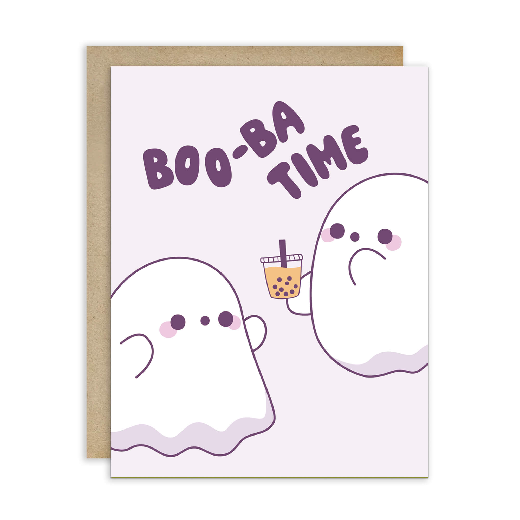cute halloween Greeting card with two ghosts and 'BOO-BA TIME' text on a white background