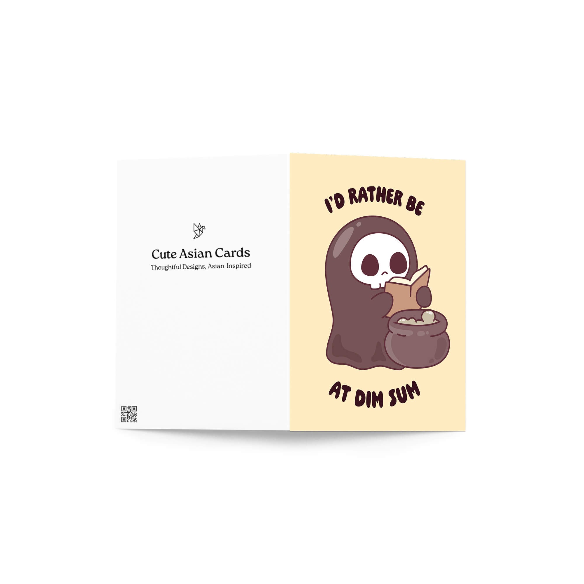 funny halloween Greeting card with a kawaii grim reaper holding a cauldron and text 'I'd rather be at dim sum' on a beige background.
