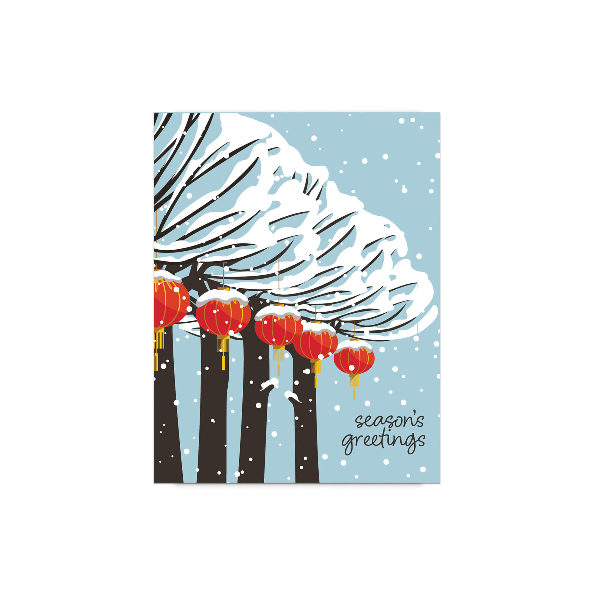 cute christmas card with Snowy trees with hanging asian chinese red lanterns and small “season’s greetings” text.