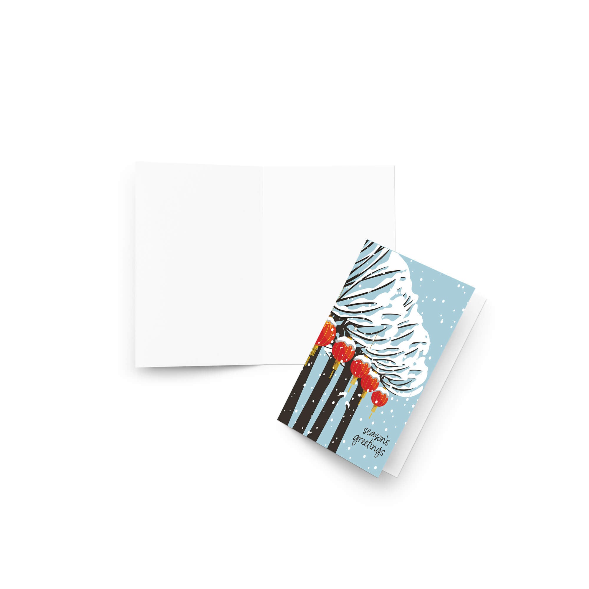 cute christmas card with Snowy trees with hanging asian chinese red lanterns and small “season’s greetings” text.