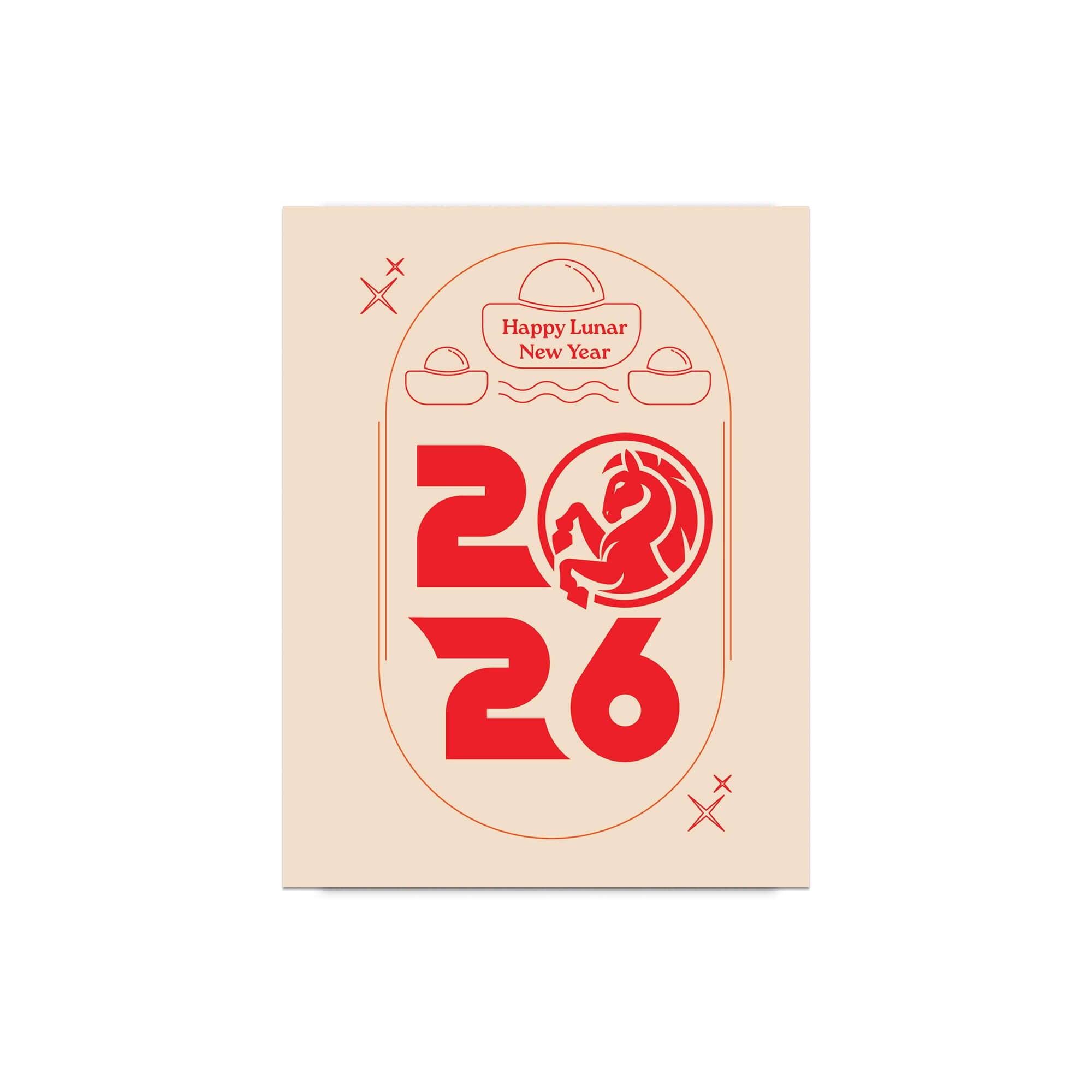 chinese greeting Card with 'Happy Lunar New Year 2026' text and a dragon illustration on a beige background