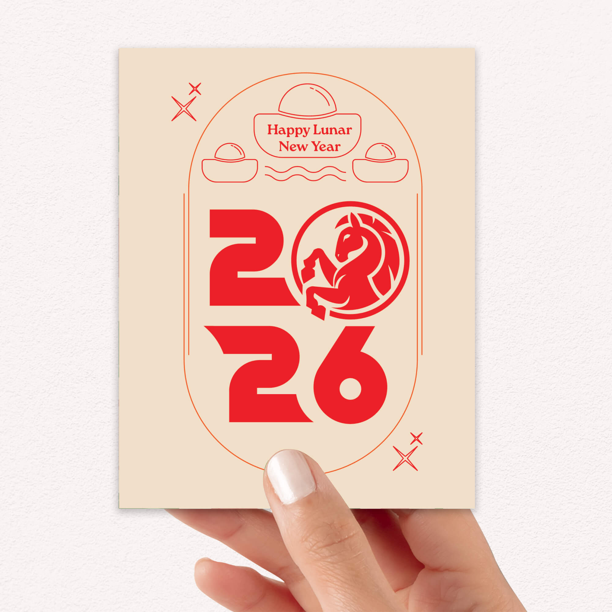 chinese greeting Card with 'Happy Lunar New Year' design and '2026' text on a white background
