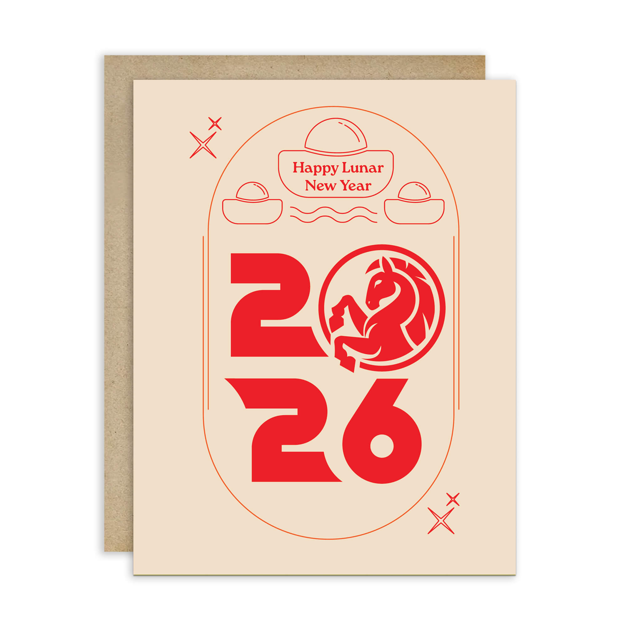 Greeting card with red 'Happy Lunar New Year 2026' design on beige paper