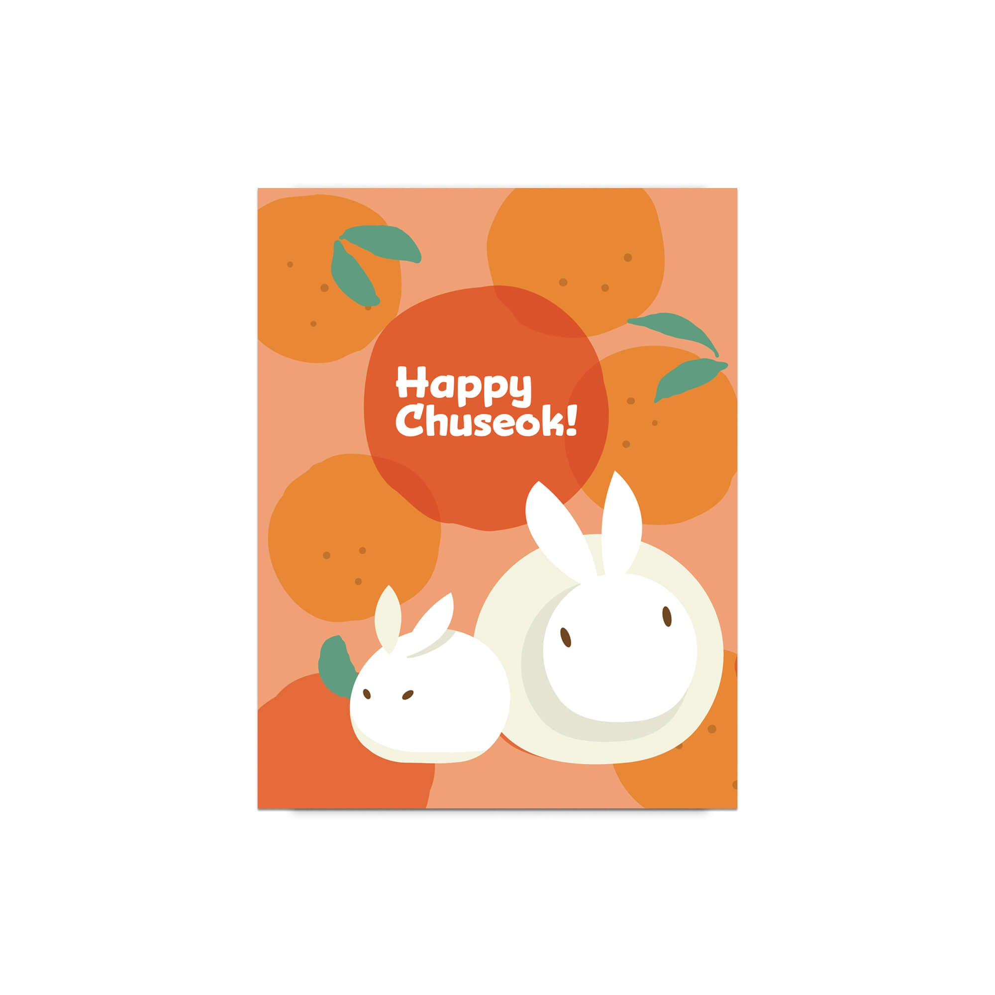 korean inspired Greeting card with rabbits designed as songpyeon and oranges on an orange background, featuring 'Happy Chuseok!' text.