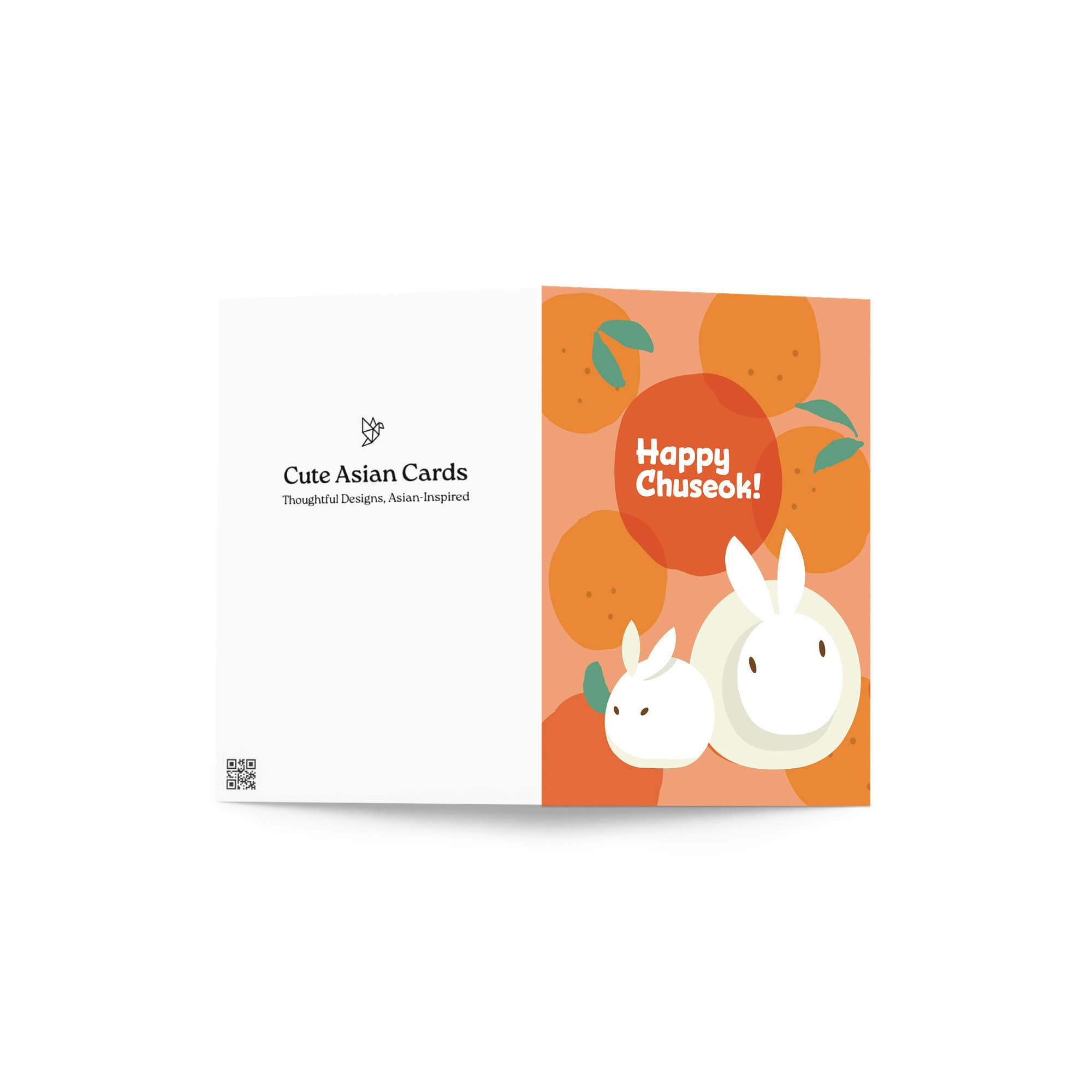 korean inspired Greeting card with rabbits designed as songpyeon and oranges on an orange background, featuring 'Happy Chuseok!' text.