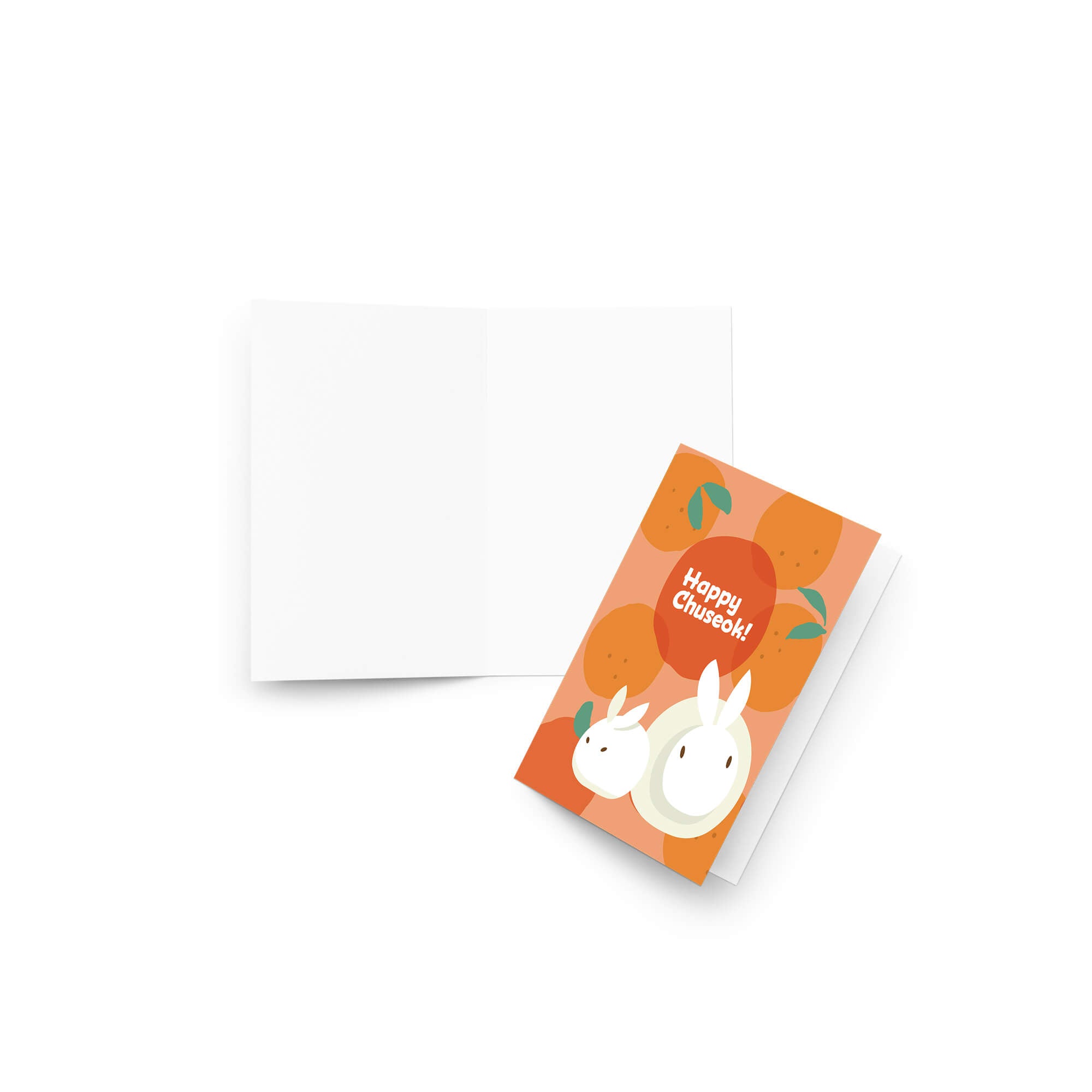 korean inspired Greeting card with rabbits designed as songpyeon and oranges on an orange background, featuring 'Happy Chuseok!' text.