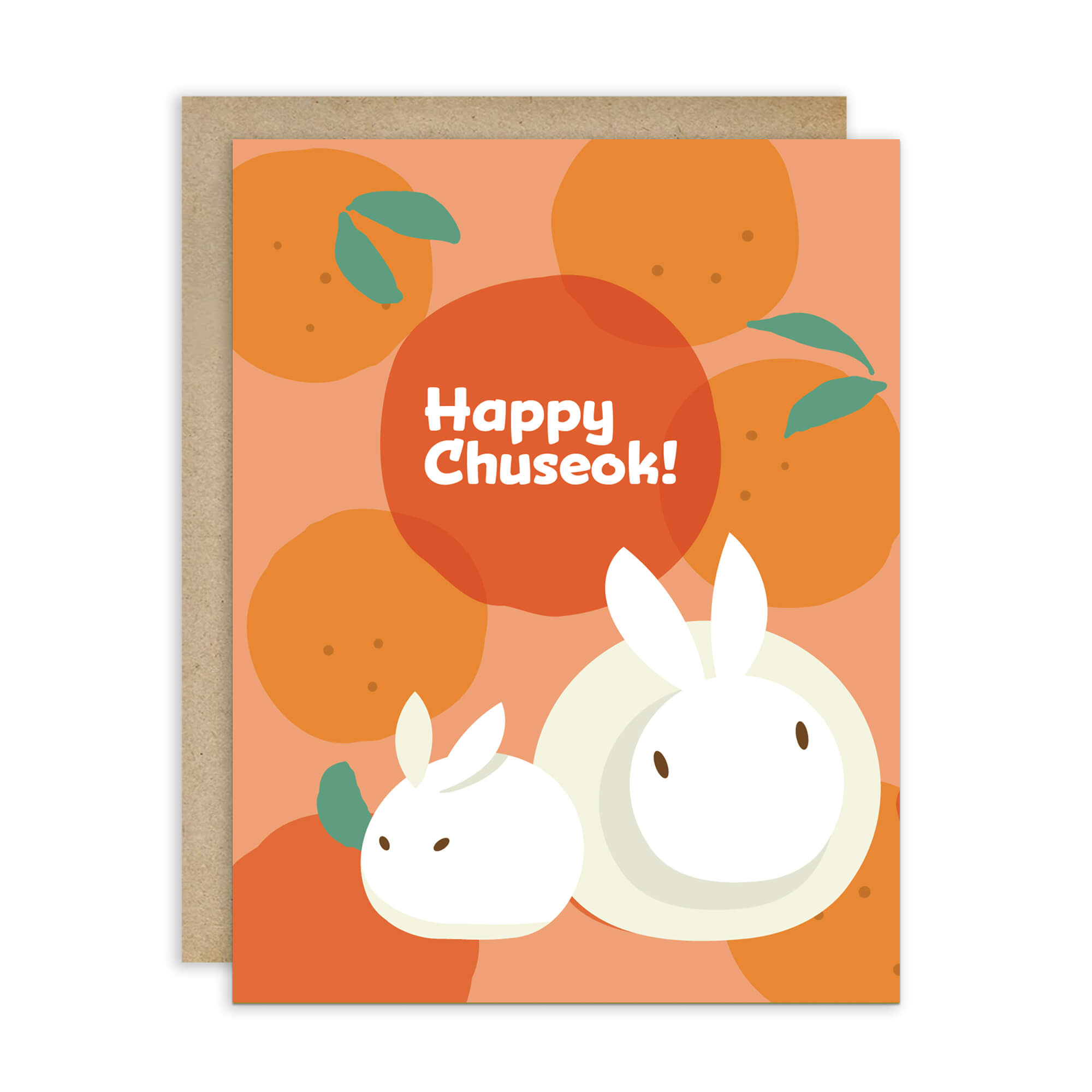 korean inspired Greeting card with rabbits designed as songpyeon and oranges on an orange background, featuring 'Happy Chuseok!' text.