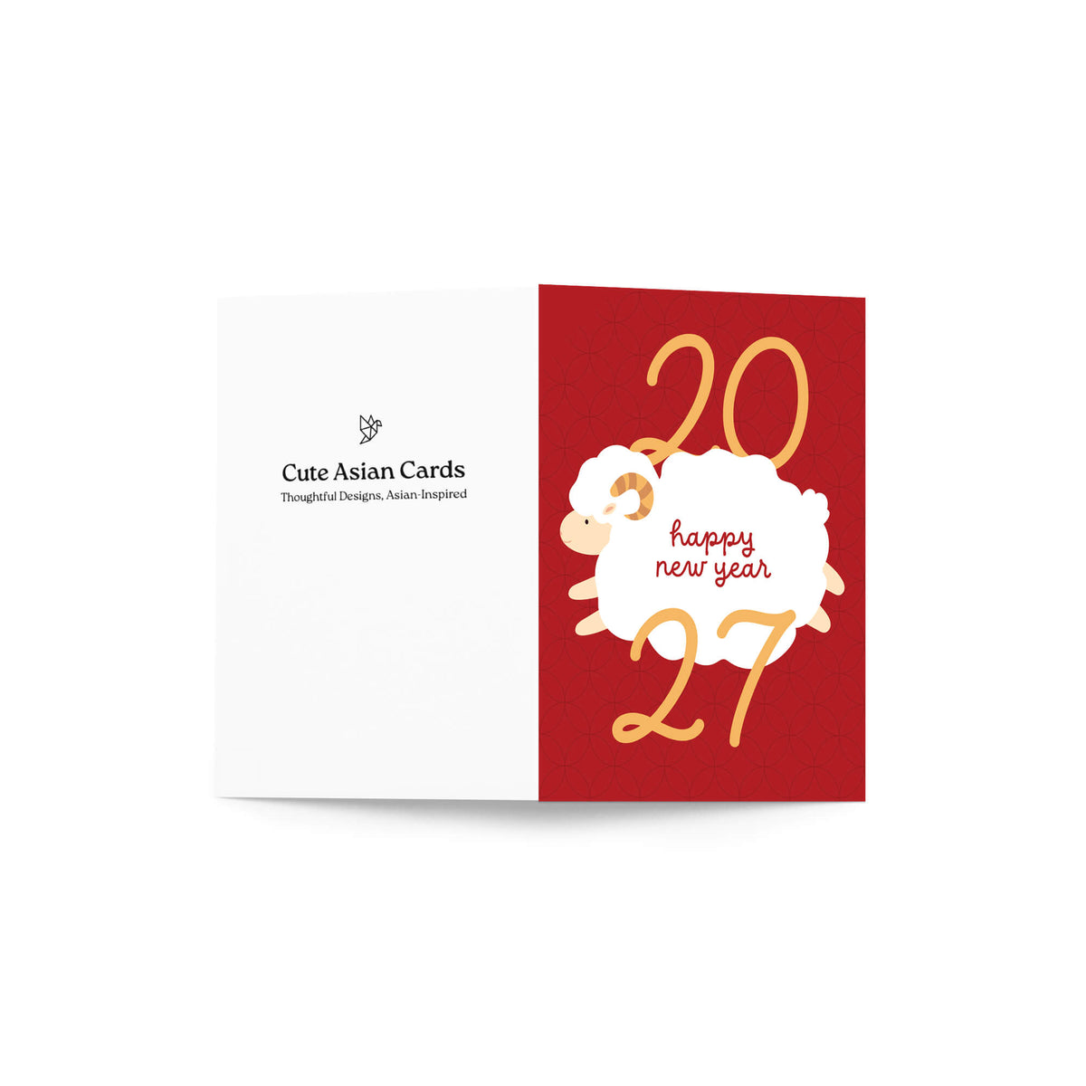 A folded lunar new year card shown open against a white background. The right panel is dark red with gold numbers '20' and '27' and a white sheep illustration with the words 'happy new year' in red script.