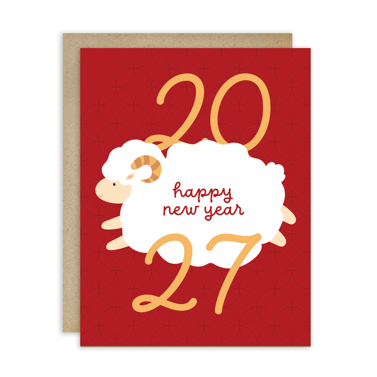 A chinese new year card with a kraft envelope behind it, featuring a white cartoon sheep and gold and red text reading '2027 happy new year'.