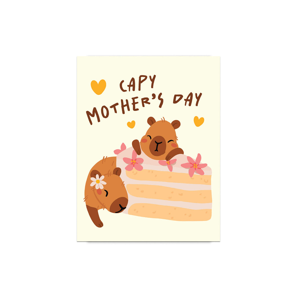 Mother's Day card with cute capybara animals around a cake light on a light yellow background with funny pun message: capy mother's day surrounded by hearts