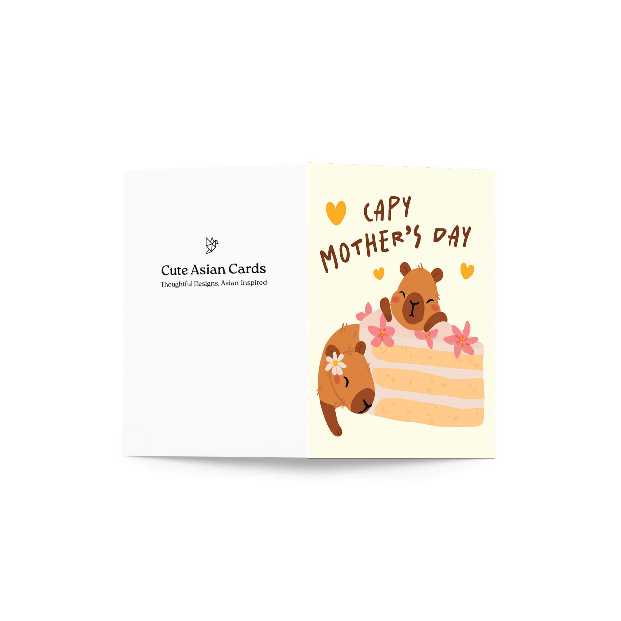 Mother's Day card with cute capybara animals around a cake light on a light yellow background with funny pun message: capy mother's day surrounded by hearts