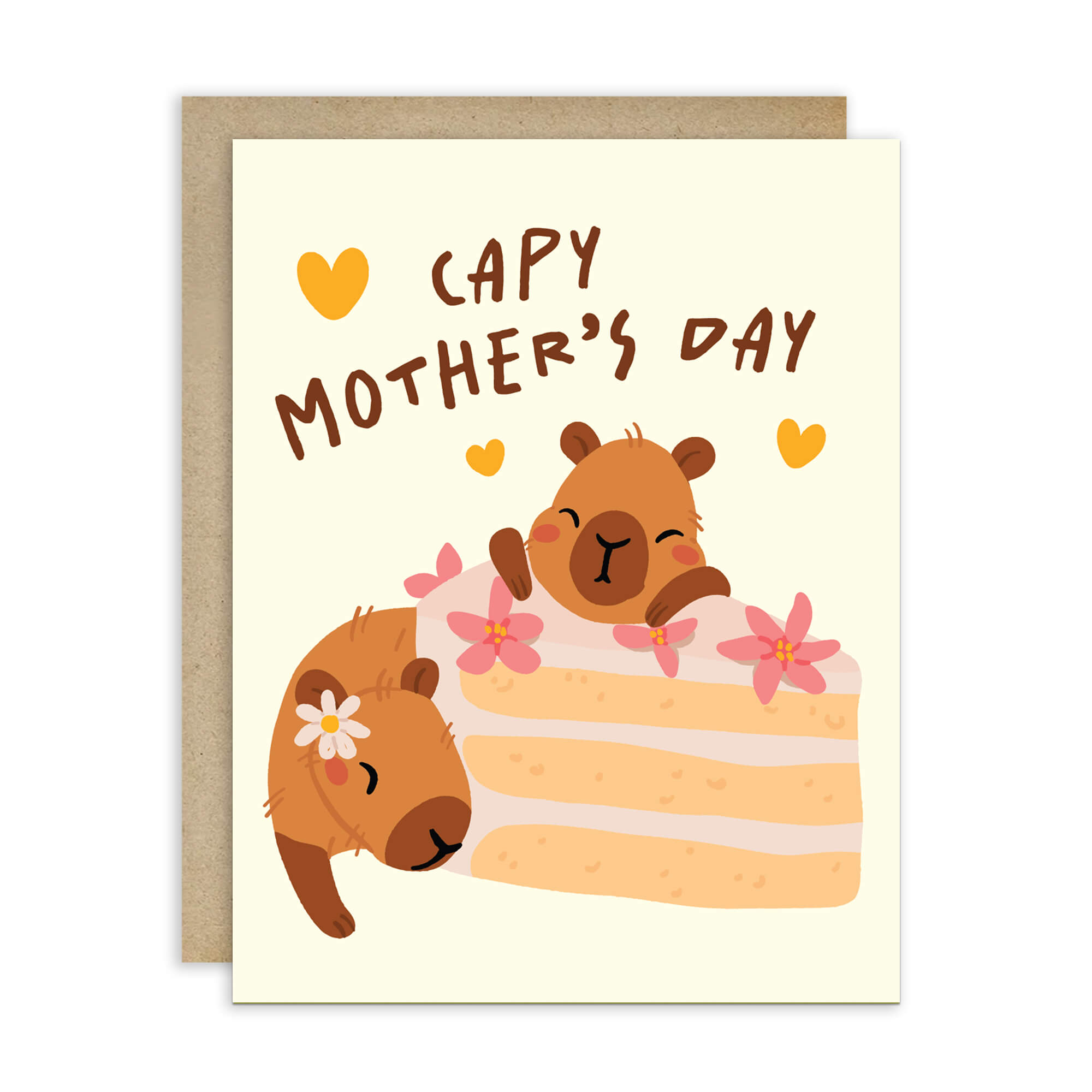 Mother's Day card with cute capybara animals around a cake light on a light yellow background with funny pun message: capy mother's day surrounded by hearts