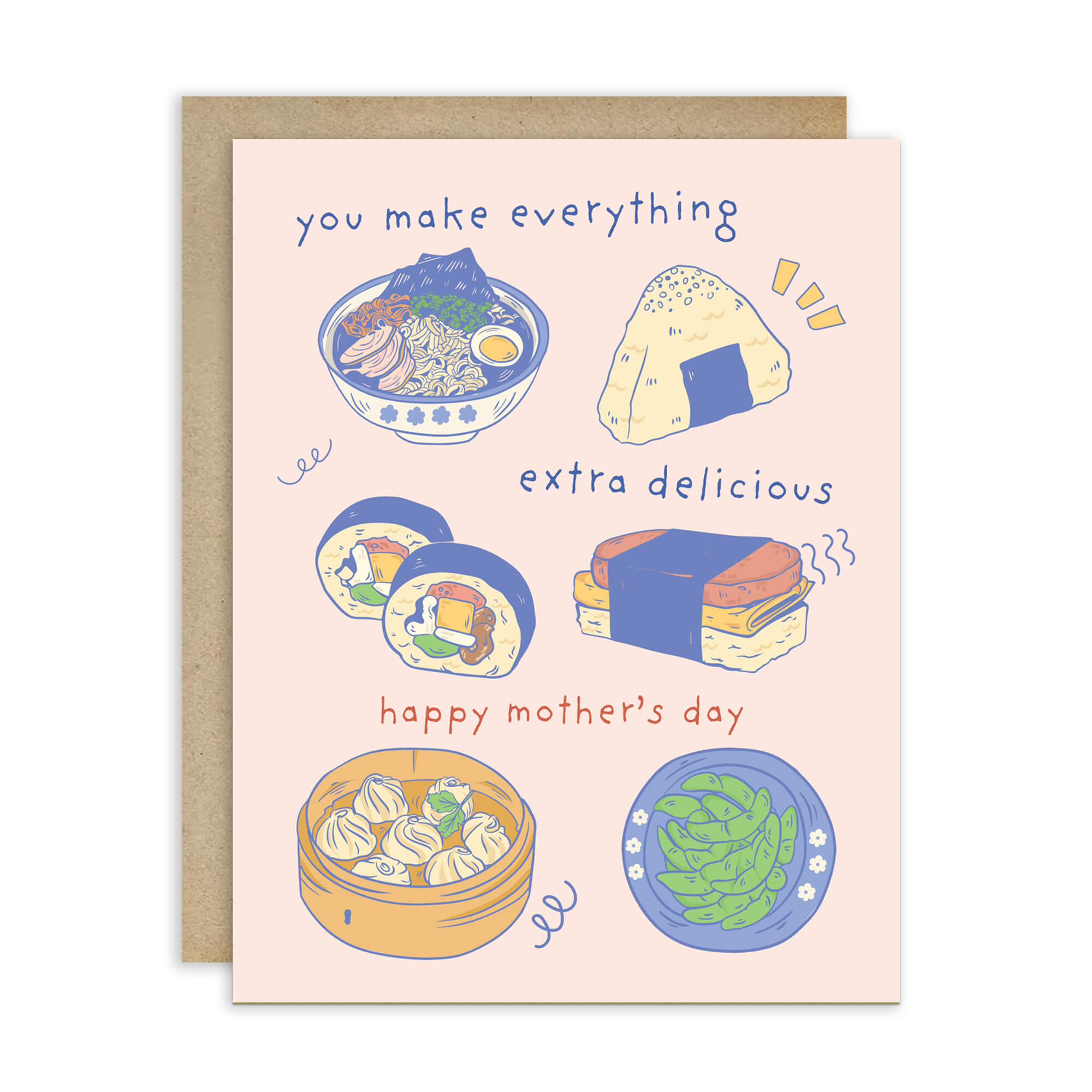 asian Greeting card with illustrations of asian food (ramen onirigi kimbap spam musubi edamame and dumplings) and a message for happy Mother's Day on a pink background.
