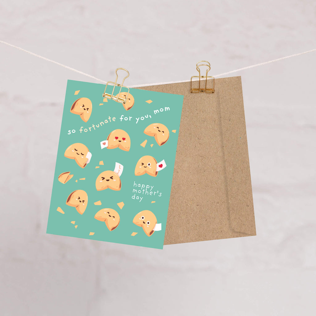 cute Mother's Day card with chinese fortune cookies and funny food message for mom