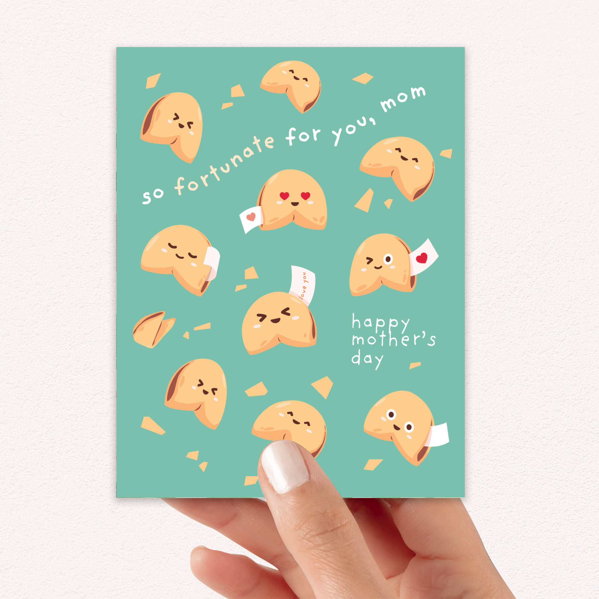 cute Mother's Day card with chinese fortune cookies and funny food message for mom