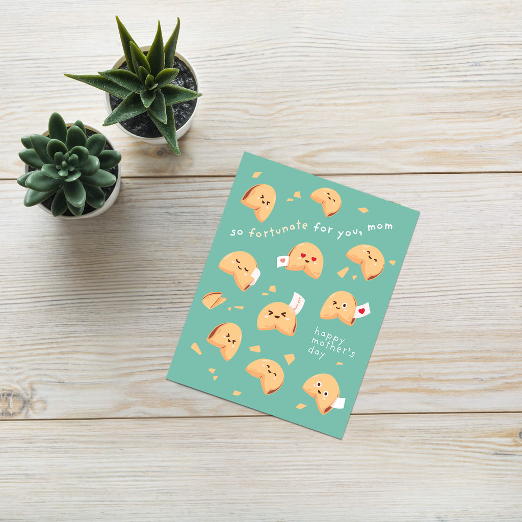 cute Mother's Day card with chinese fortune cookies and funny food message for mom