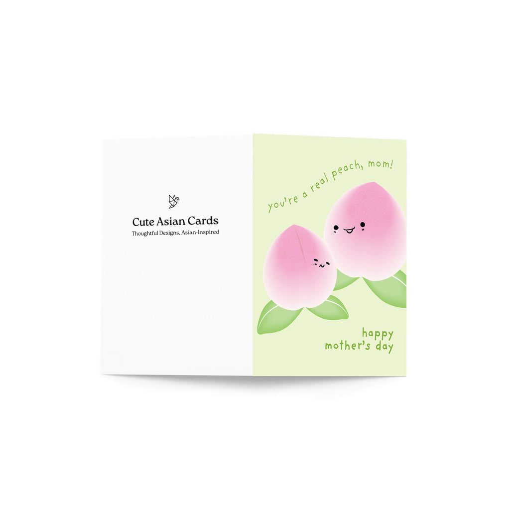 happy Mother's Day card with asian white peaches and text on a light green background that says youre a real peach, mom for a funny food pun message