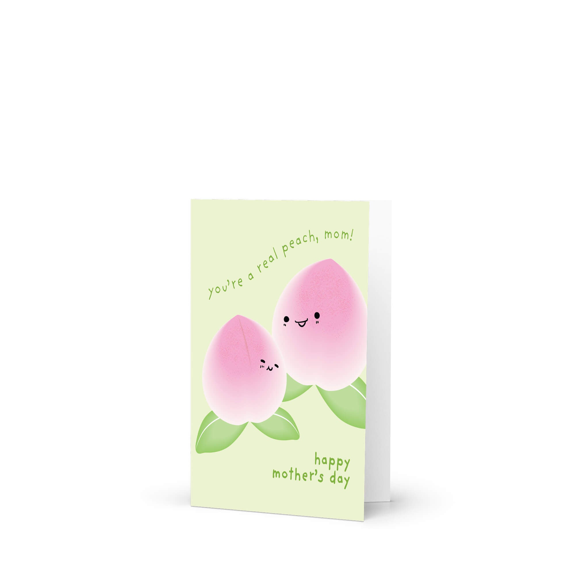 happy Mother's Day card with asian white peaches and text on a light green background that says youre a real peach, mom for a funny food pun message