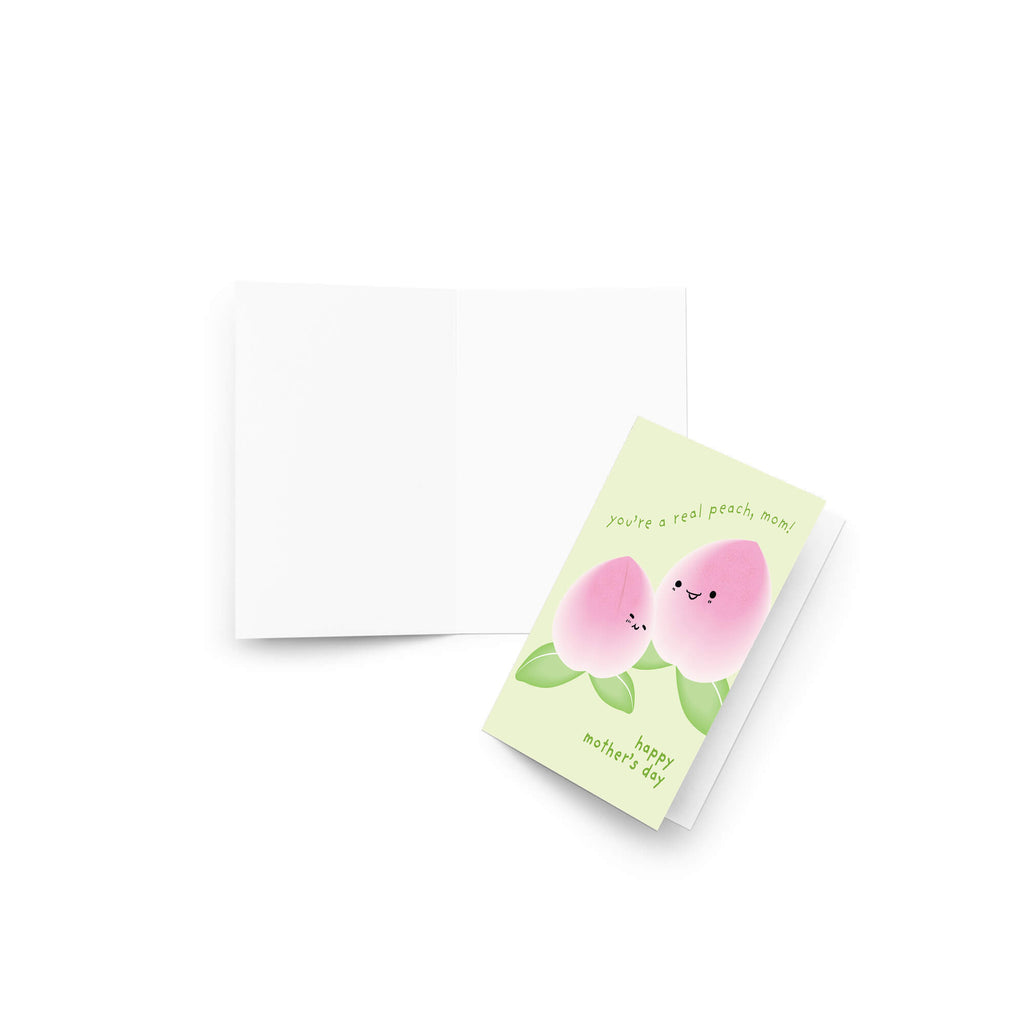 happy Mother's Day card with asian white peaches and text on a light green background that says youre a real peach, mom for a funny food pun message