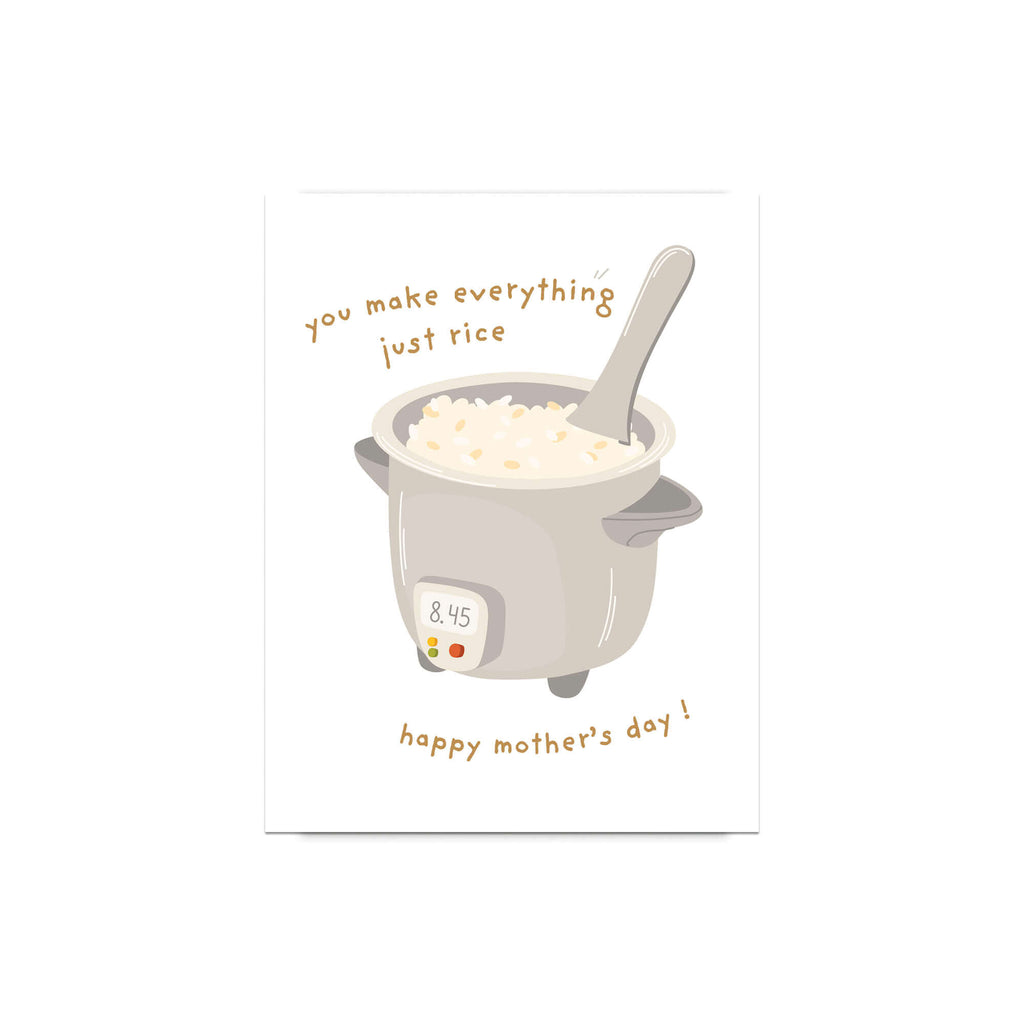 cute happy mothers day Card with a rice cooker illustration and funny food pun text on a white background