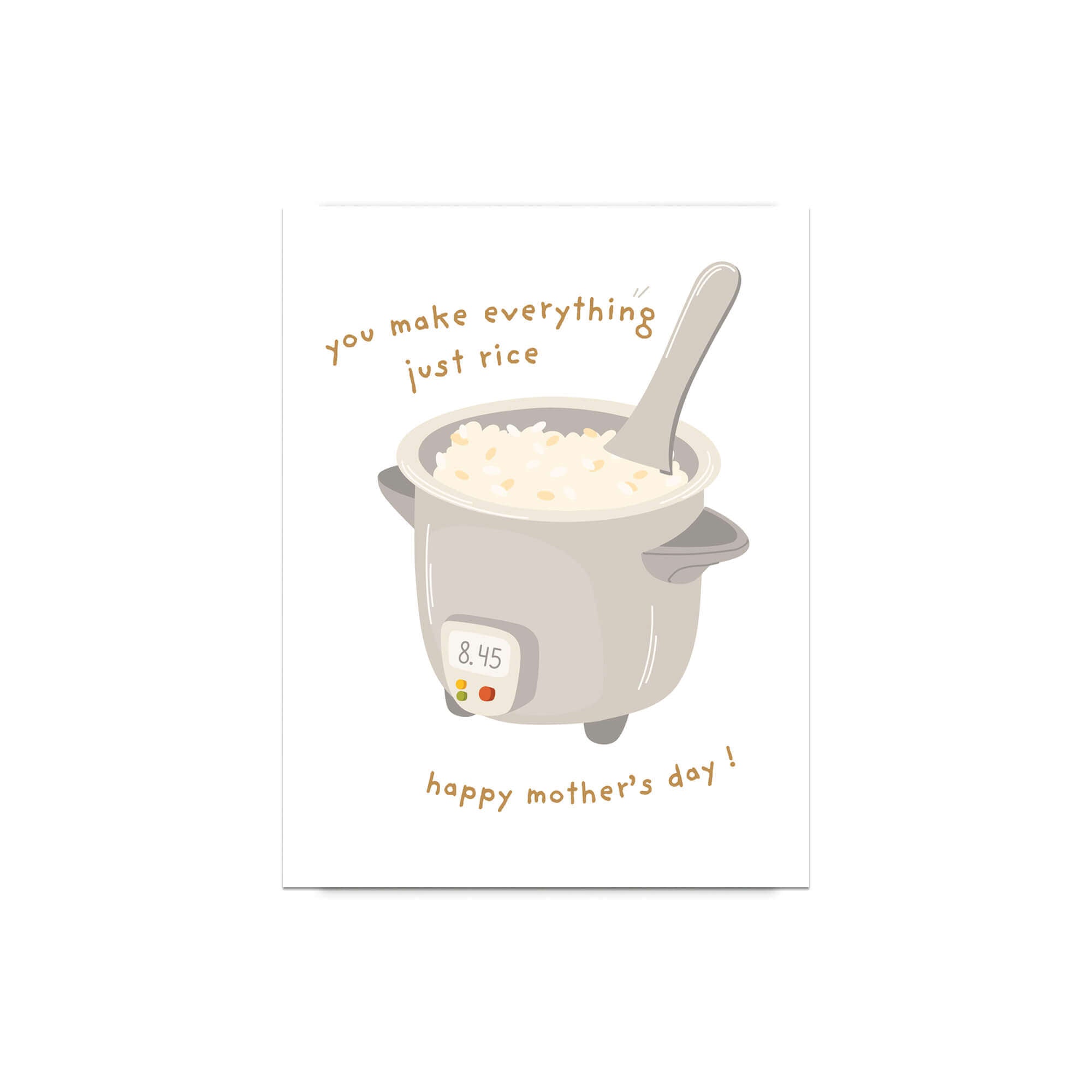 cute happy mothers day Card with a rice cooker illustration and funny food pun text on a white background