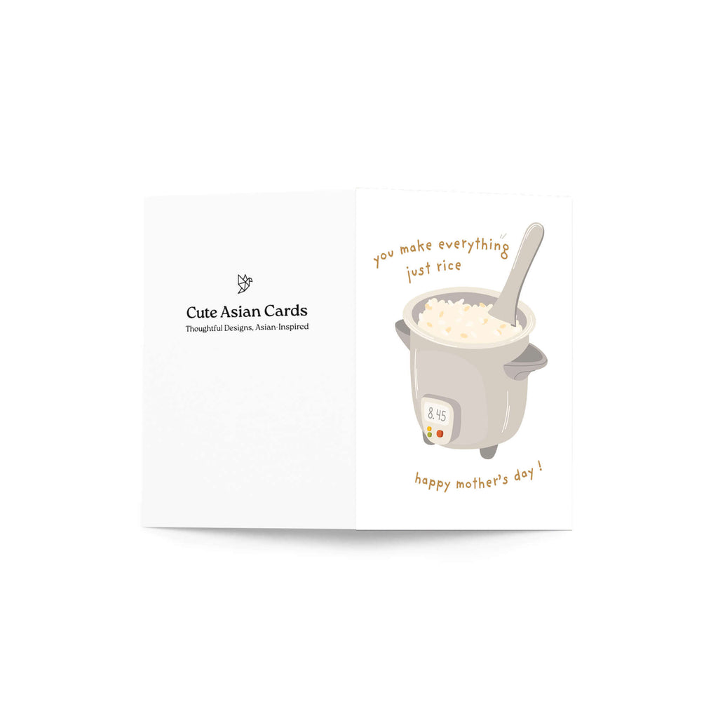 cute happy mothers day Card with a rice cooker illustration and funny food pun text on a white background
