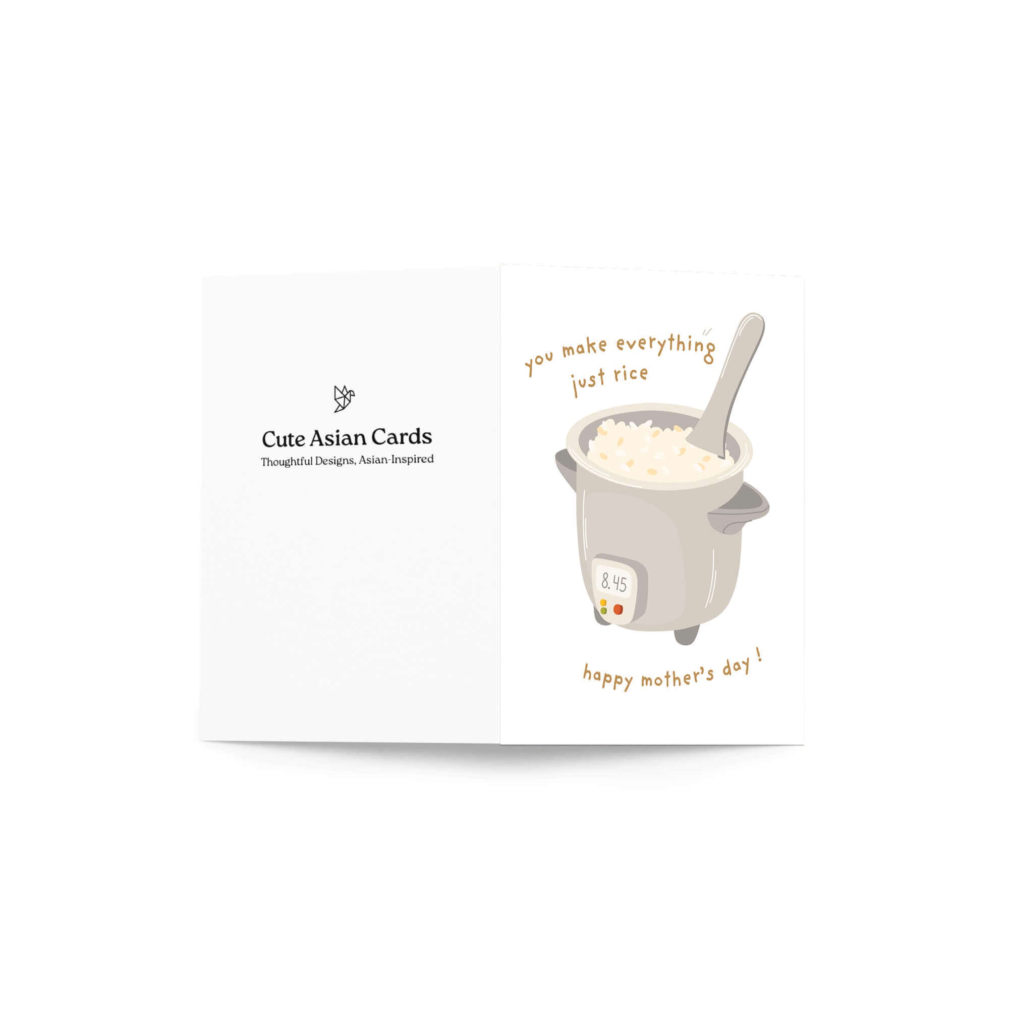 cute happy mothers day Card with a rice cooker illustration and funny food pun text on a white background