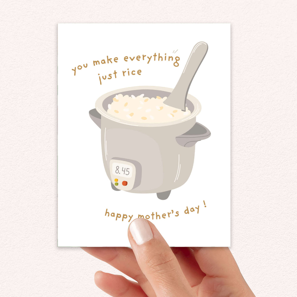 cute happy mothers day Card with a rice cooker illustration and funny food pun text on a white background